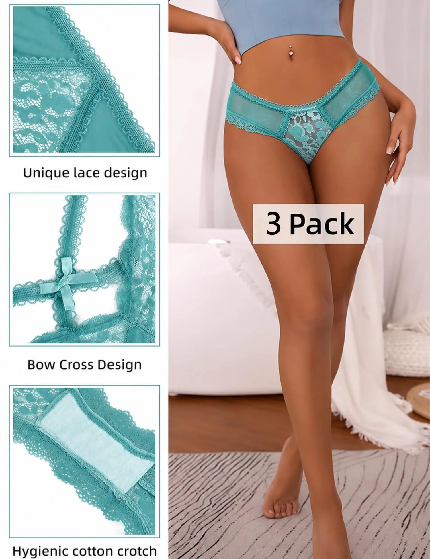 ohmydear Perizoma in Pizzo Vita Bassa, 3 Pezzi, Modello Tanga Slip - immagine 4