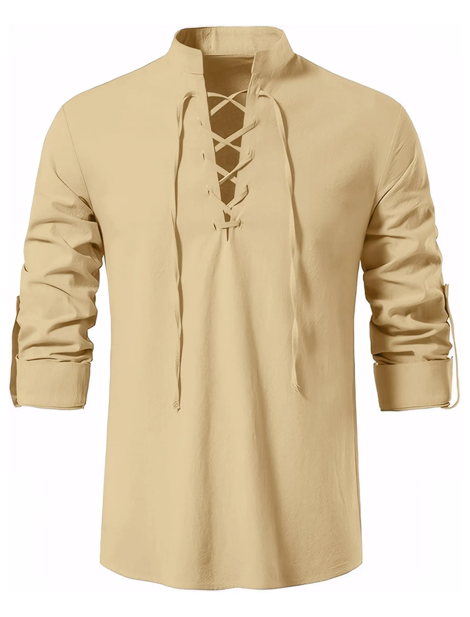 Enlision Camicia in Lino da Uomo con Lacci Casual Beige M - immagine 1