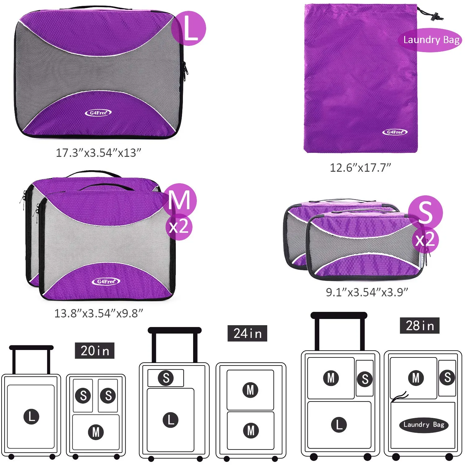 G4Free 6 pcs Travel Packing Cubes Set, Nylon Ripstop, Viola - immagine 6
