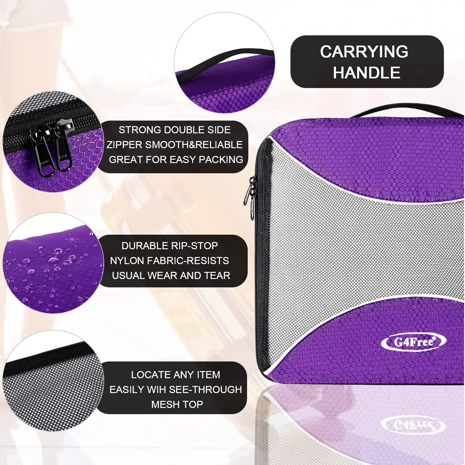 G4Free 6 pcs Travel Packing Cubes Set, Nylon Ripstop, Viola - immagine 7