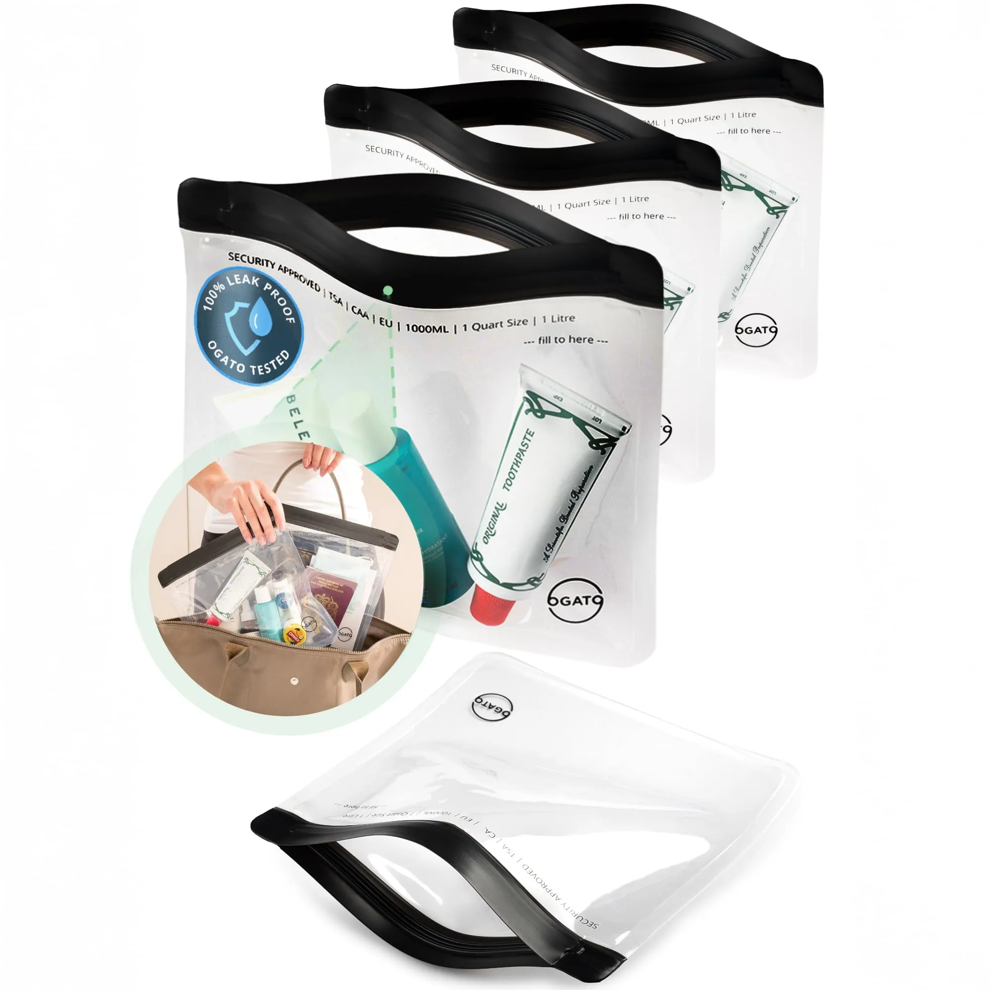 Ogato Buste per Liquidi e Cosmetici da Viaggio, Trasparenti, Approvate TSA, 1L, Confezione da 3 - immagine 1