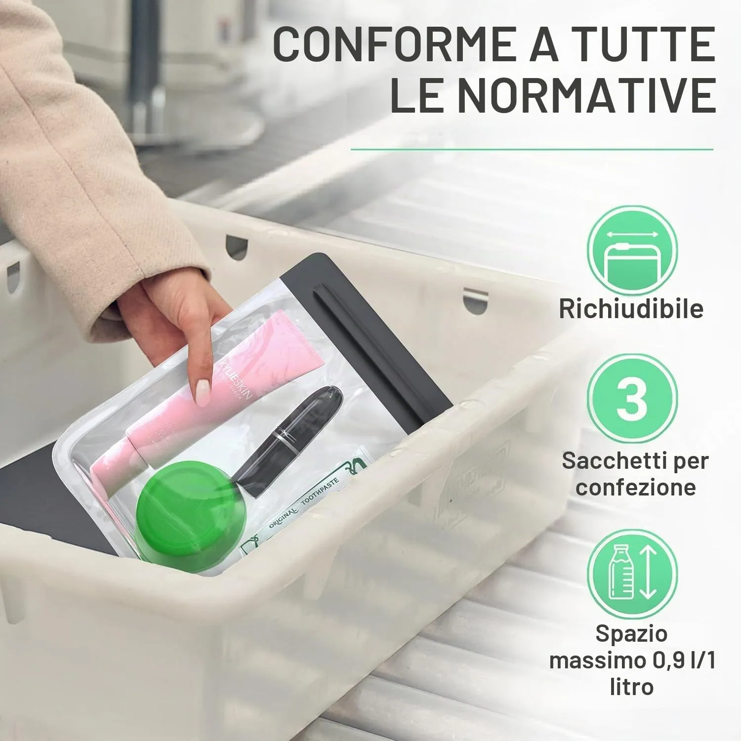 Ogato Buste per Liquidi e Cosmetici da Viaggio, Trasparenti, Approvate TSA, 1L, Confezione da 3 - immagine 2