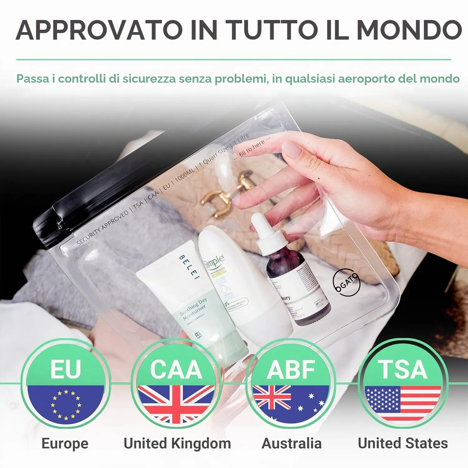 Ogato Buste per Liquidi e Cosmetici da Viaggio, Trasparenti, Approvate TSA, 1L, Confezione da 3 - immagine 3