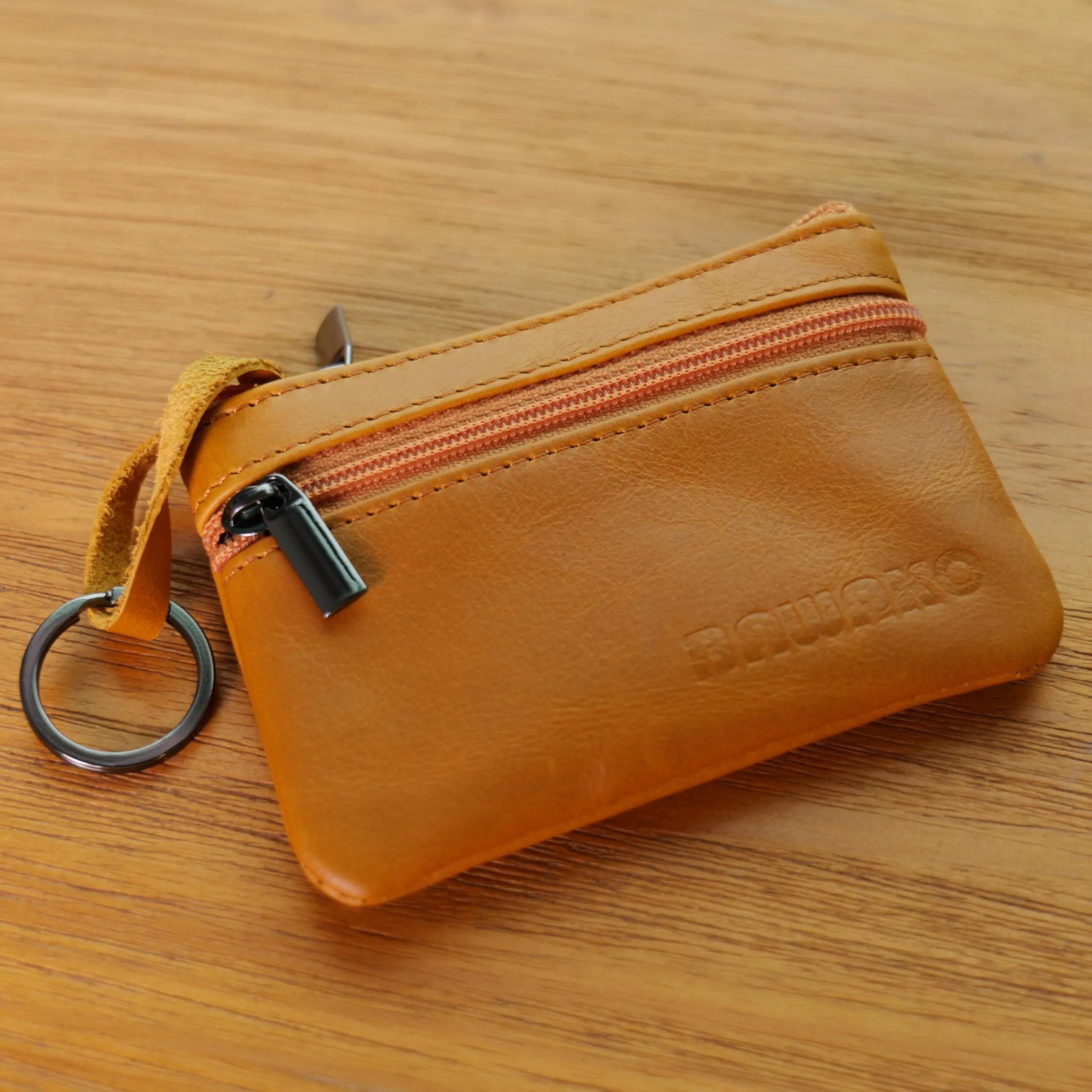 BAWAKO Portafoglio Portamonete in Vera Pelle con Due Scomparti e Chiusura Lampo, Arancione, 10cm x 7cm x 0.5cm - immagine 6