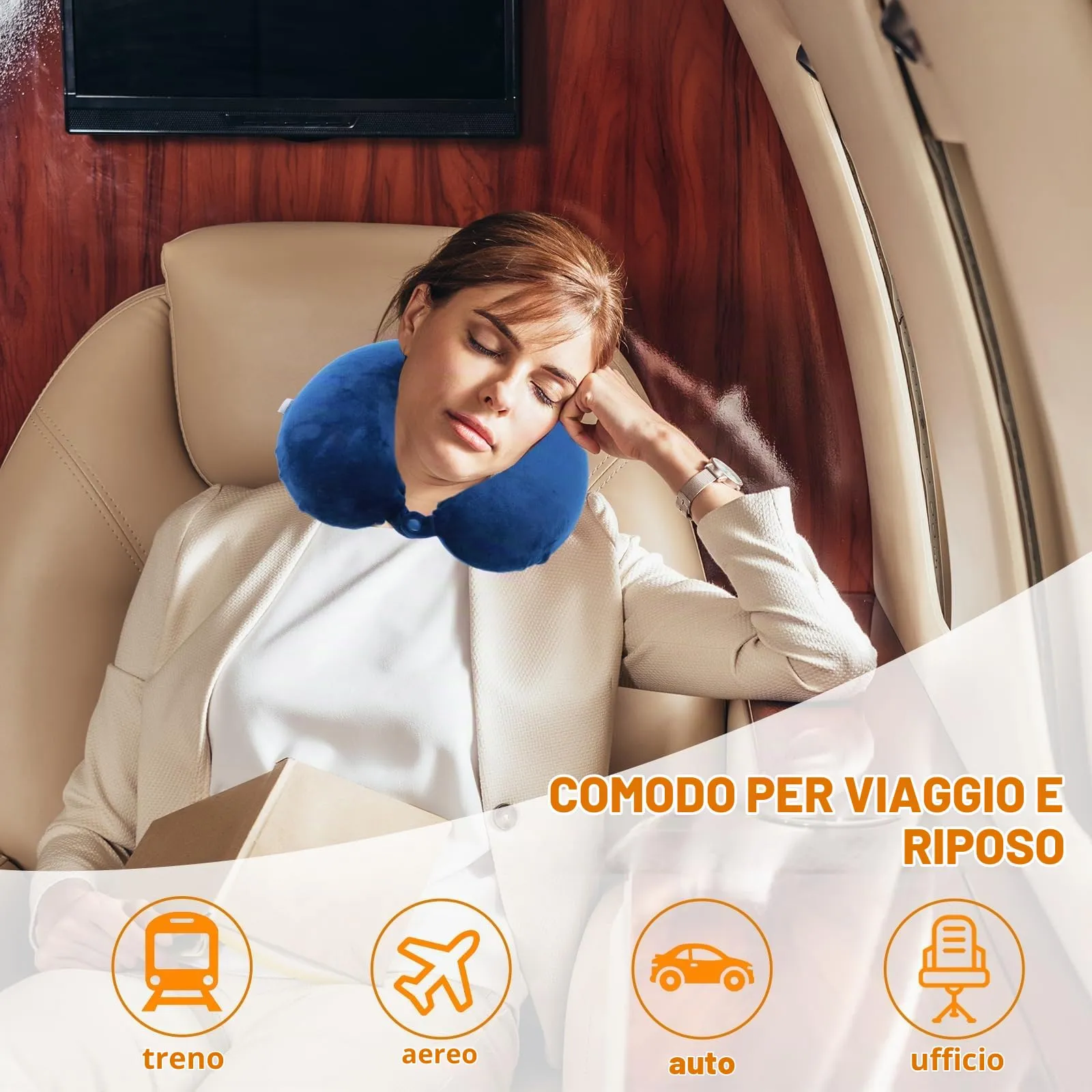 Far win Cuscino da viaggio in memory foam a forma di U, 30x30x9cm, Blu - immagine 2