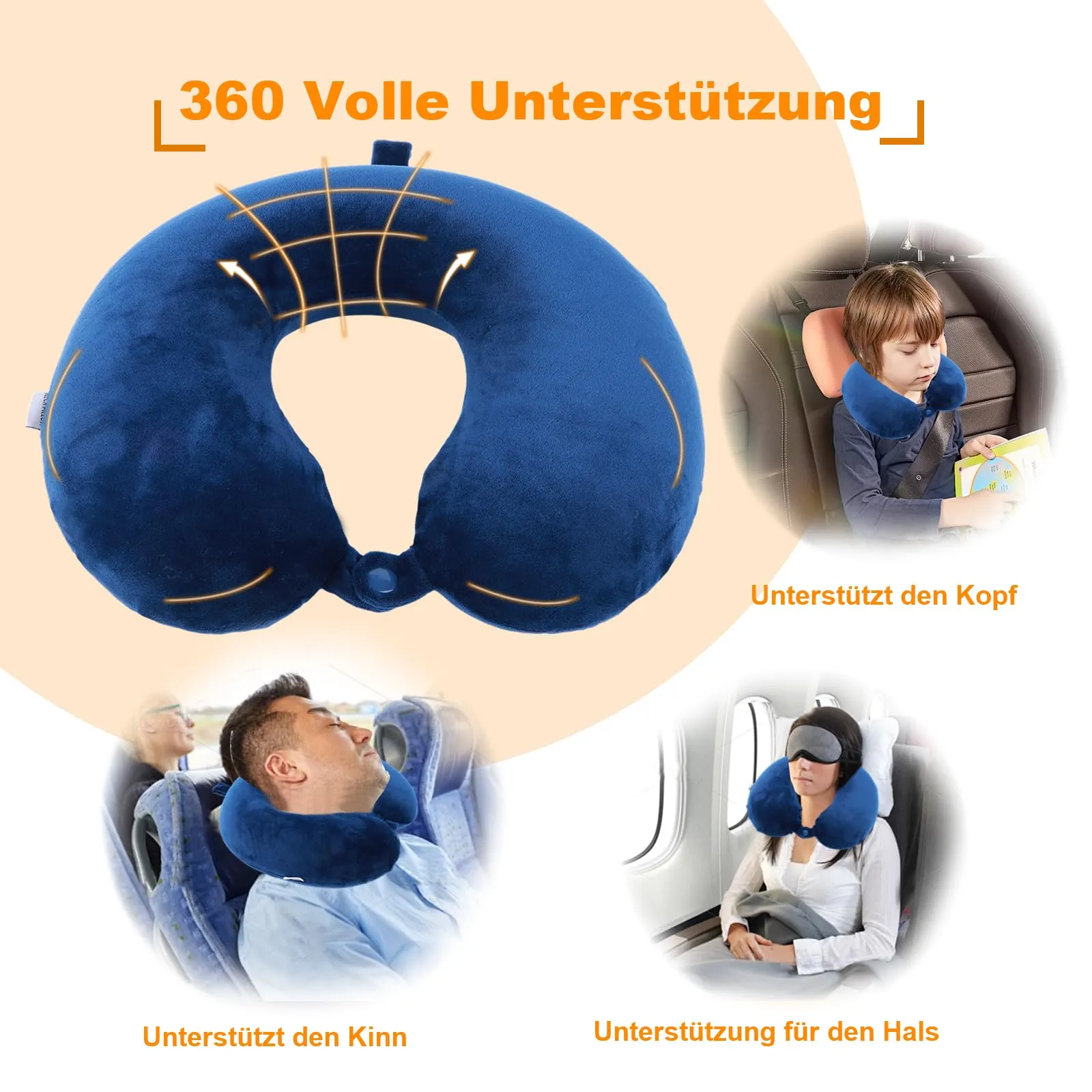 Far win Cuscino da viaggio in memory foam a forma di U, 30x30x9cm, Blu - immagine 3