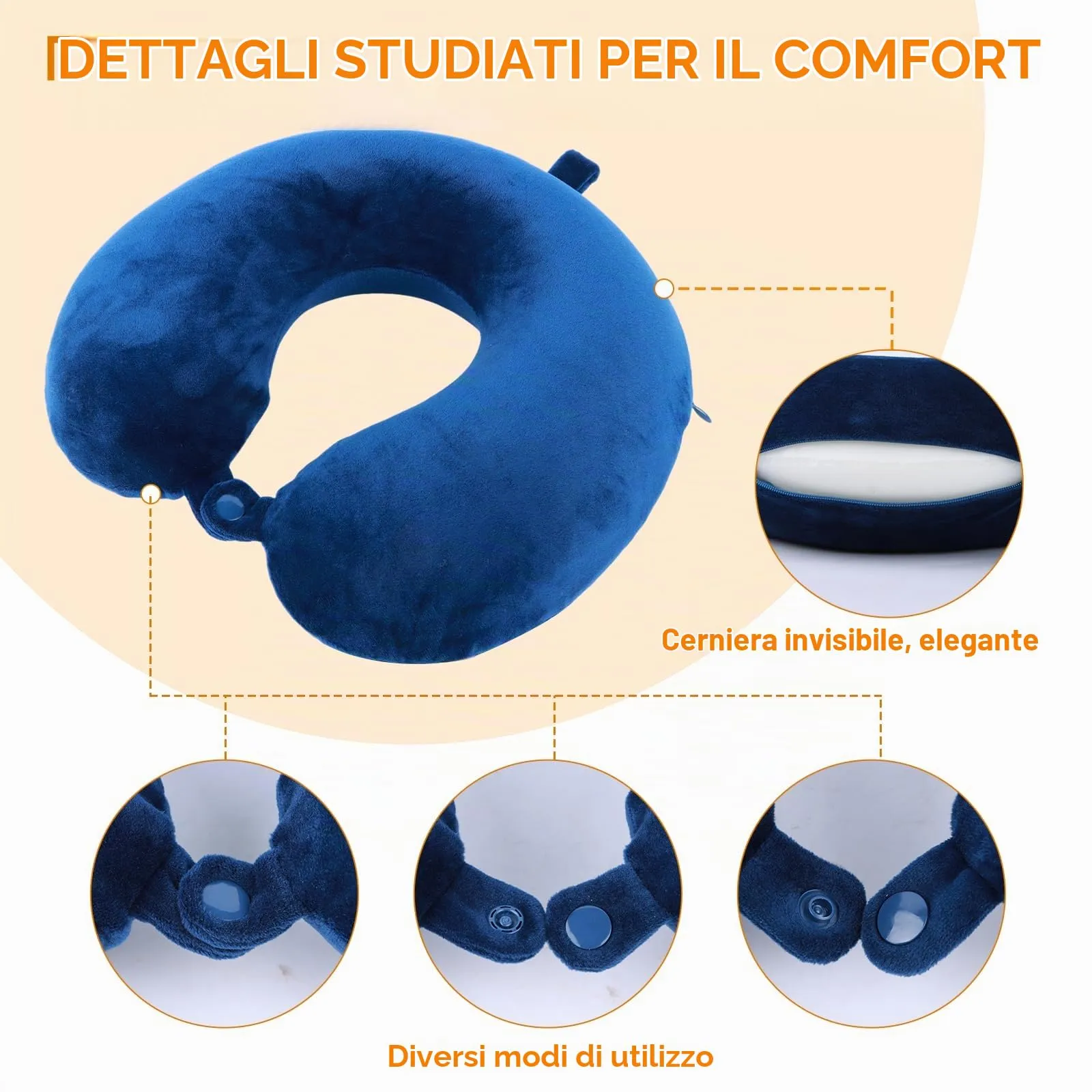 Far win Cuscino da viaggio in memory foam a forma di U, 30x30x9cm, Blu - immagine 5