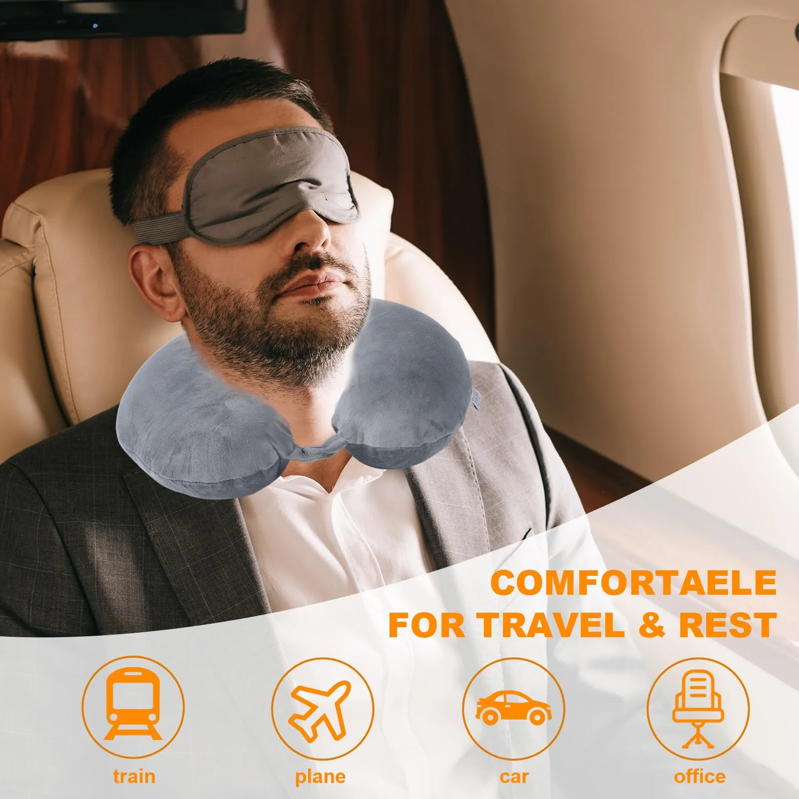 Far win Cuscino da viaggio in memory foam a forma di U per il collo, 30x30x9cm, Grigio - immagine 2