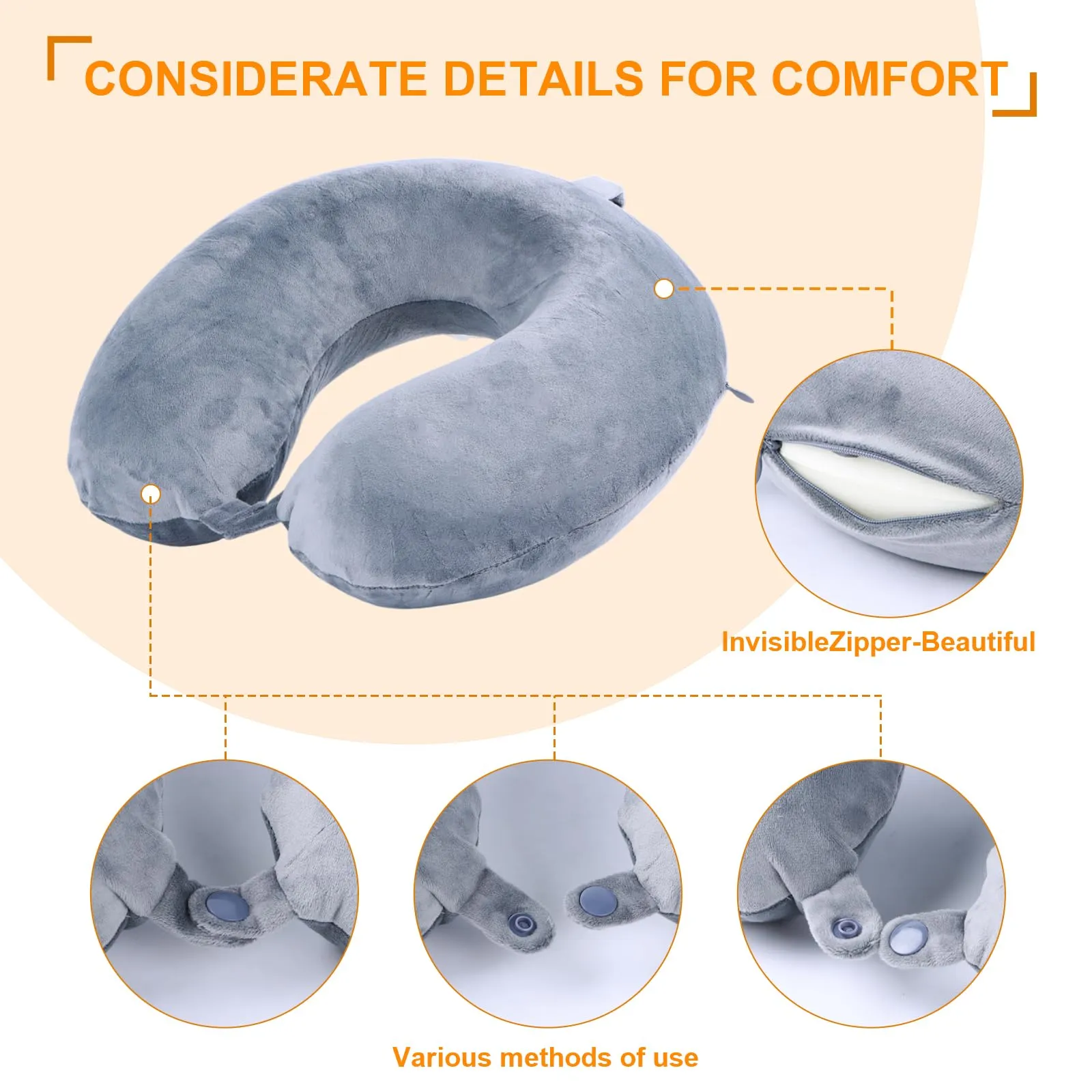 Far win Cuscino da viaggio in memory foam a forma di U per il collo, 30x30x9cm, Grigio - immagine 5