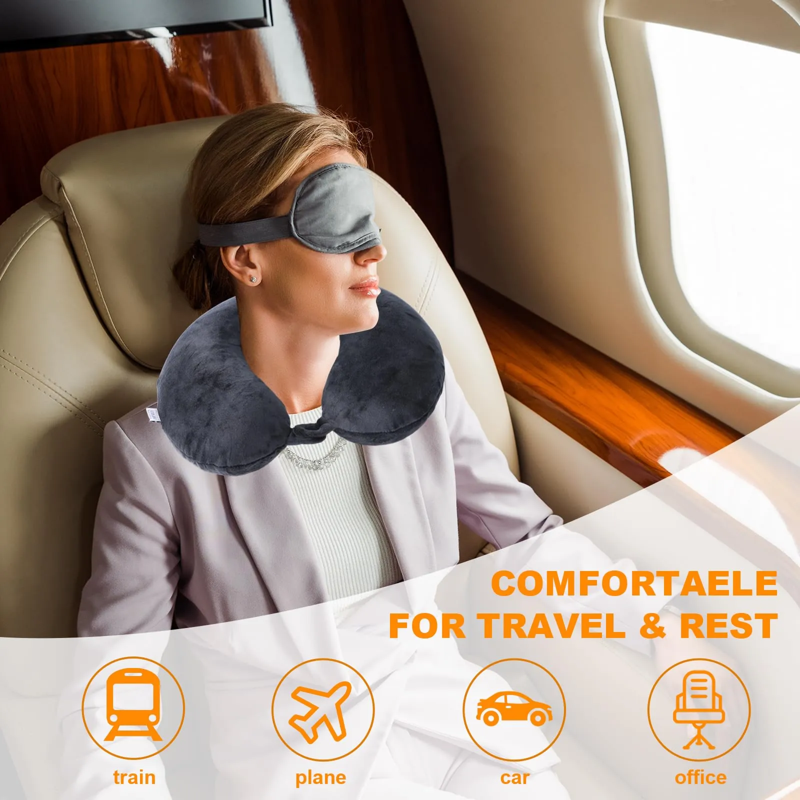 Far win Cuscino da Viaggio in Memory Foam a forma di U, Nero - immagine 2