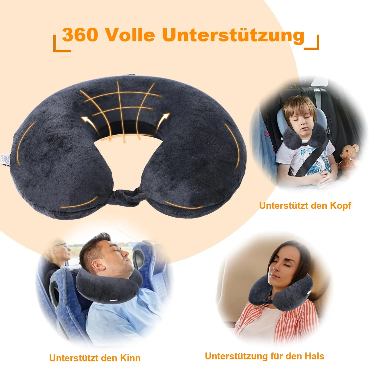 Far win Cuscino da Viaggio in Memory Foam a forma di U, Nero - immagine 3