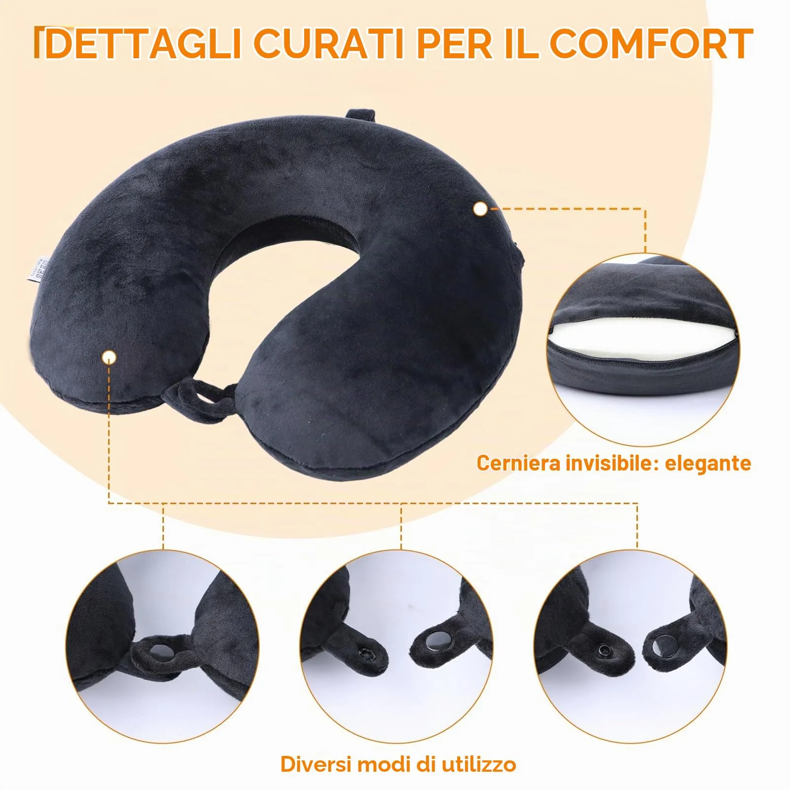 Far win Cuscino da Viaggio in Memory Foam a forma di U, Nero - immagine 5
