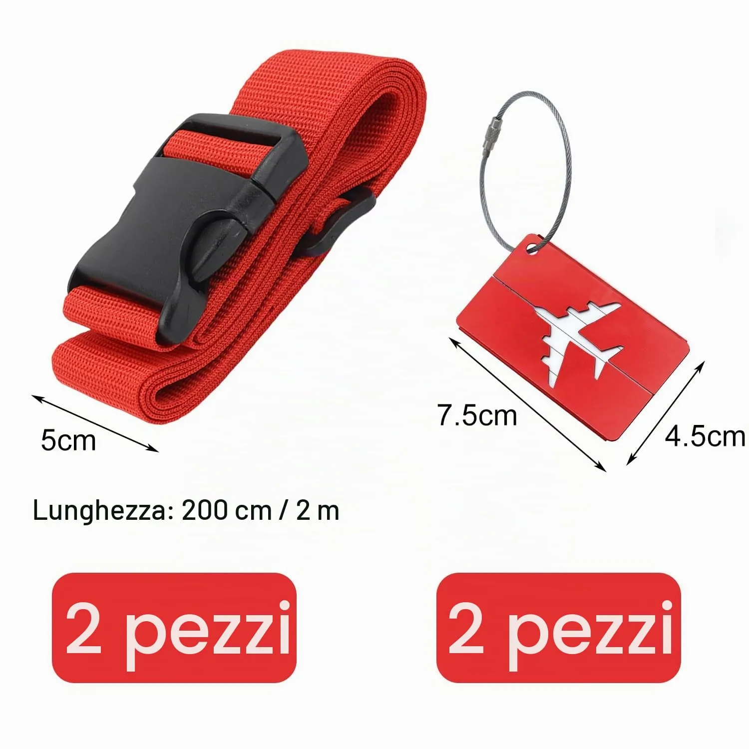 peiqiup Cinghie per valigia con etichette per bagagli, 2 pezzi, 5 x 200cm, Rosso - immagine 2
