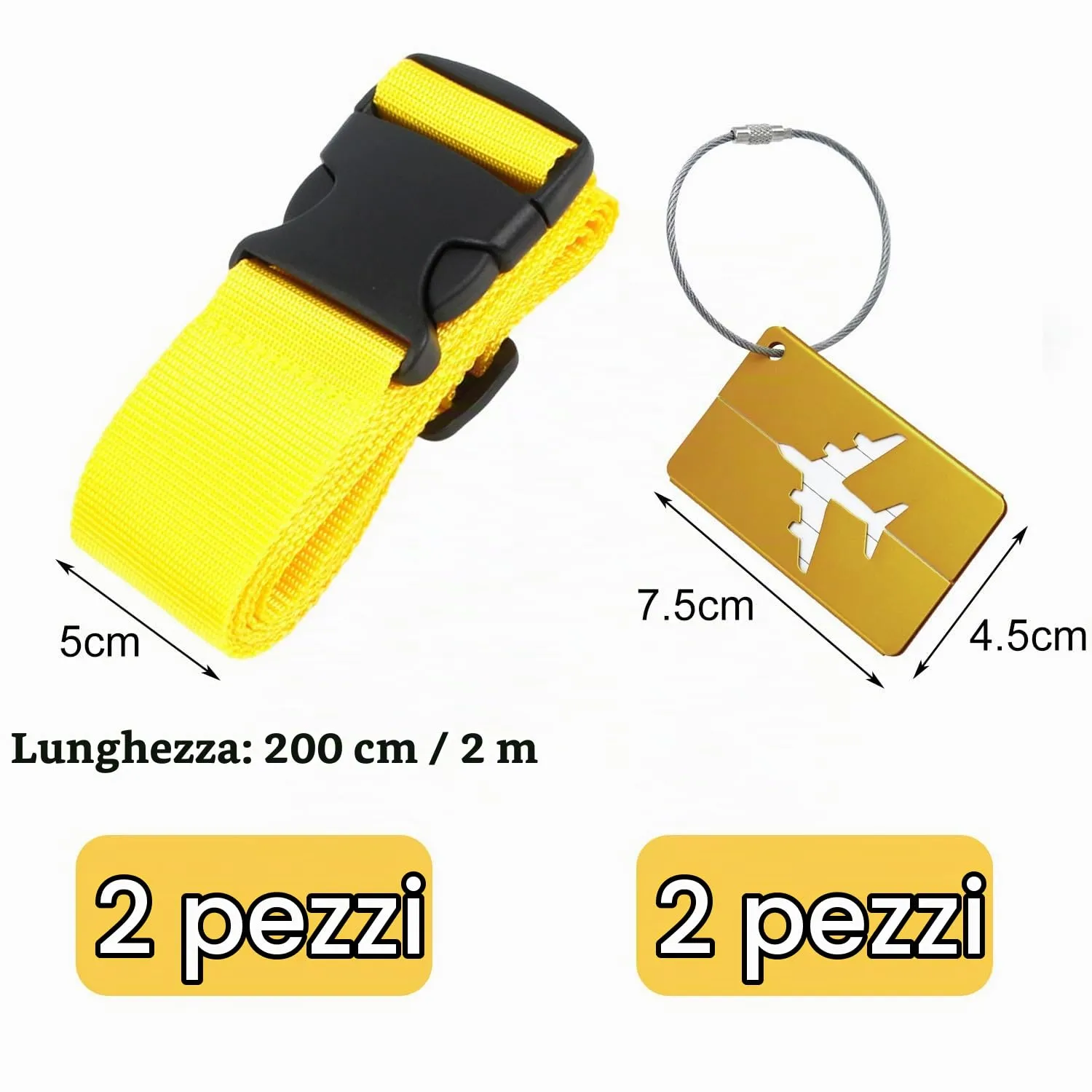 peiqiup Cinghia per valigia con etichette identificative, 2 pezzi, 5 x 200cm, Giallo - immagine 2