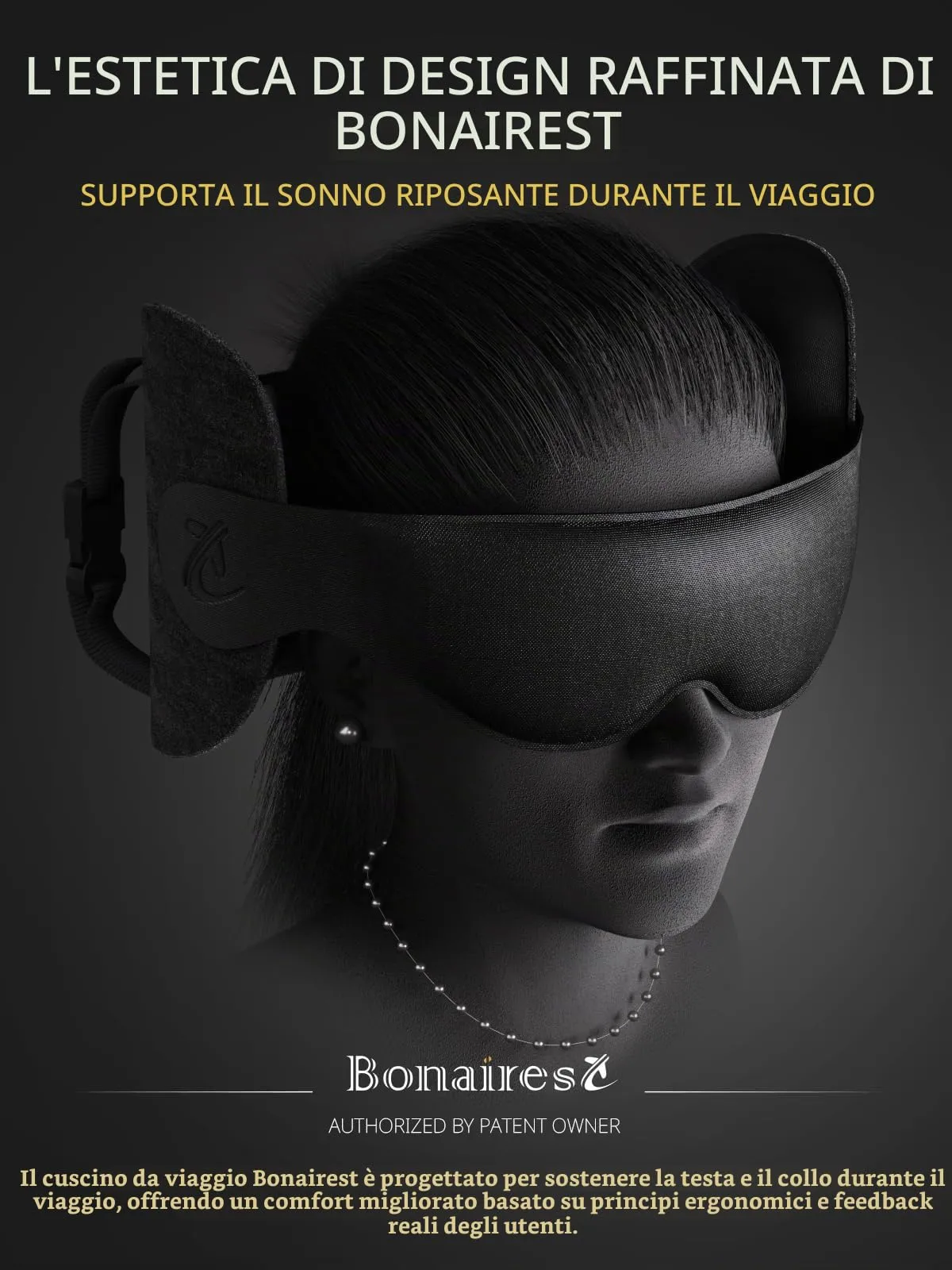 Bonairest Cuscino da Viaggio e da Collo per Aereo, Premium, Nero - immagine 2