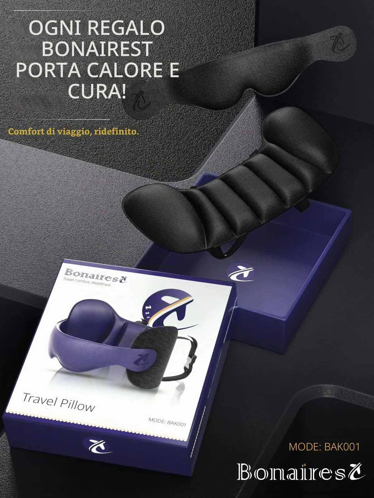 Bonairest Cuscino da Viaggio e da Collo per Aereo, Premium, Nero - immagine 7