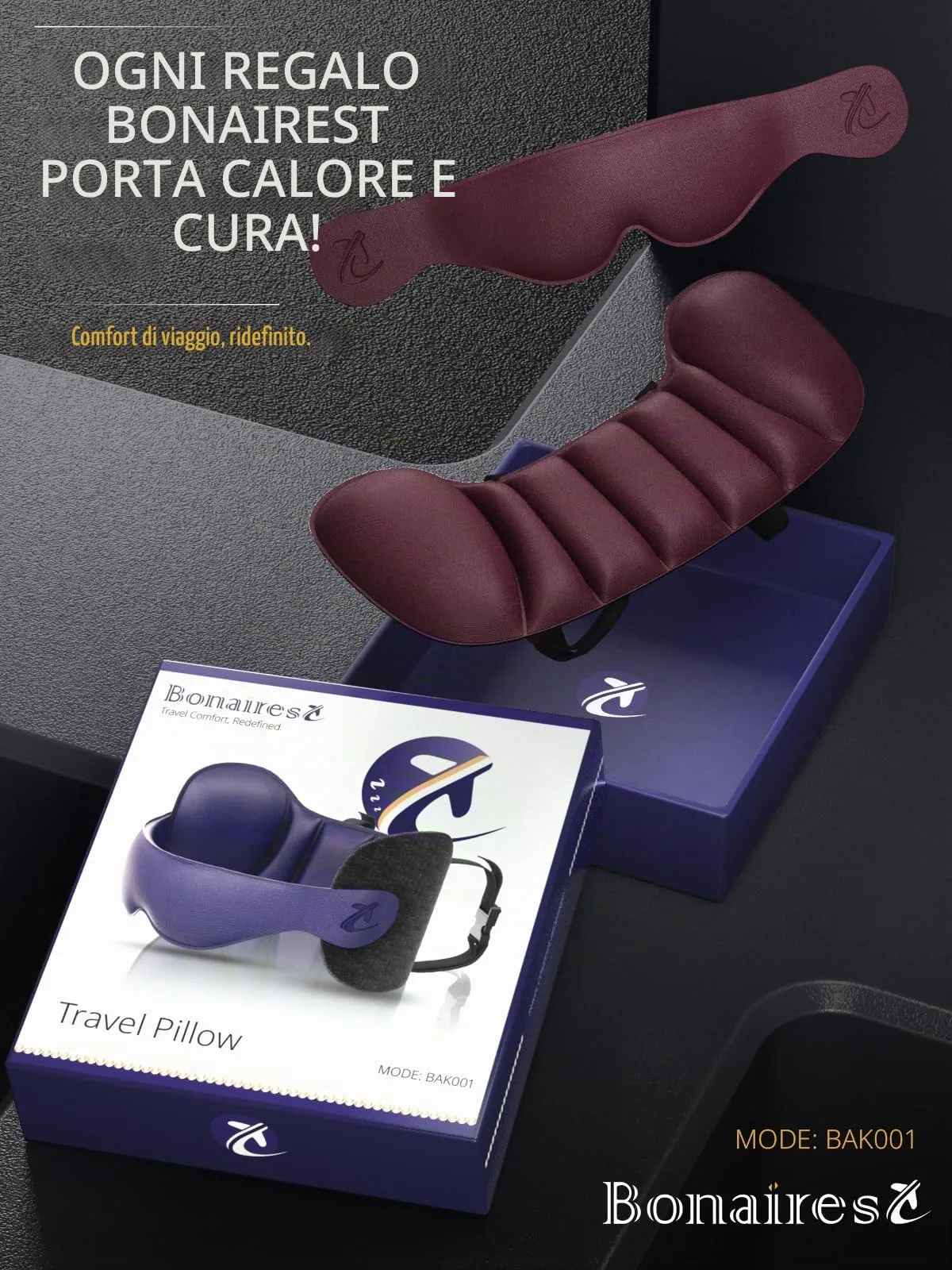 Bonairest Cuscino da Viaggio per Collo e Aereo, Premium, Rosso - immagine 7