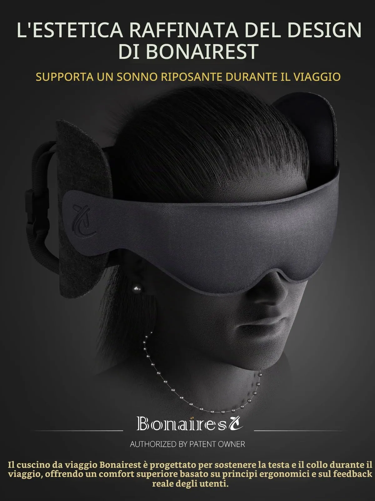 Bonairest Cuscino da Viaggio in Memory Foam con Mascherina 3D, Grigio - immagine 2