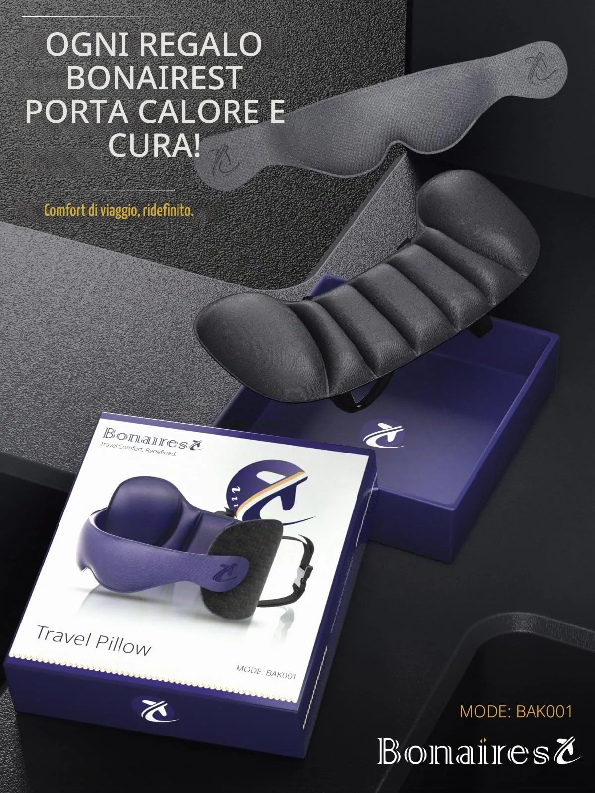Bonairest Cuscino da Viaggio in Memory Foam con Mascherina 3D, Grigio - immagine 7