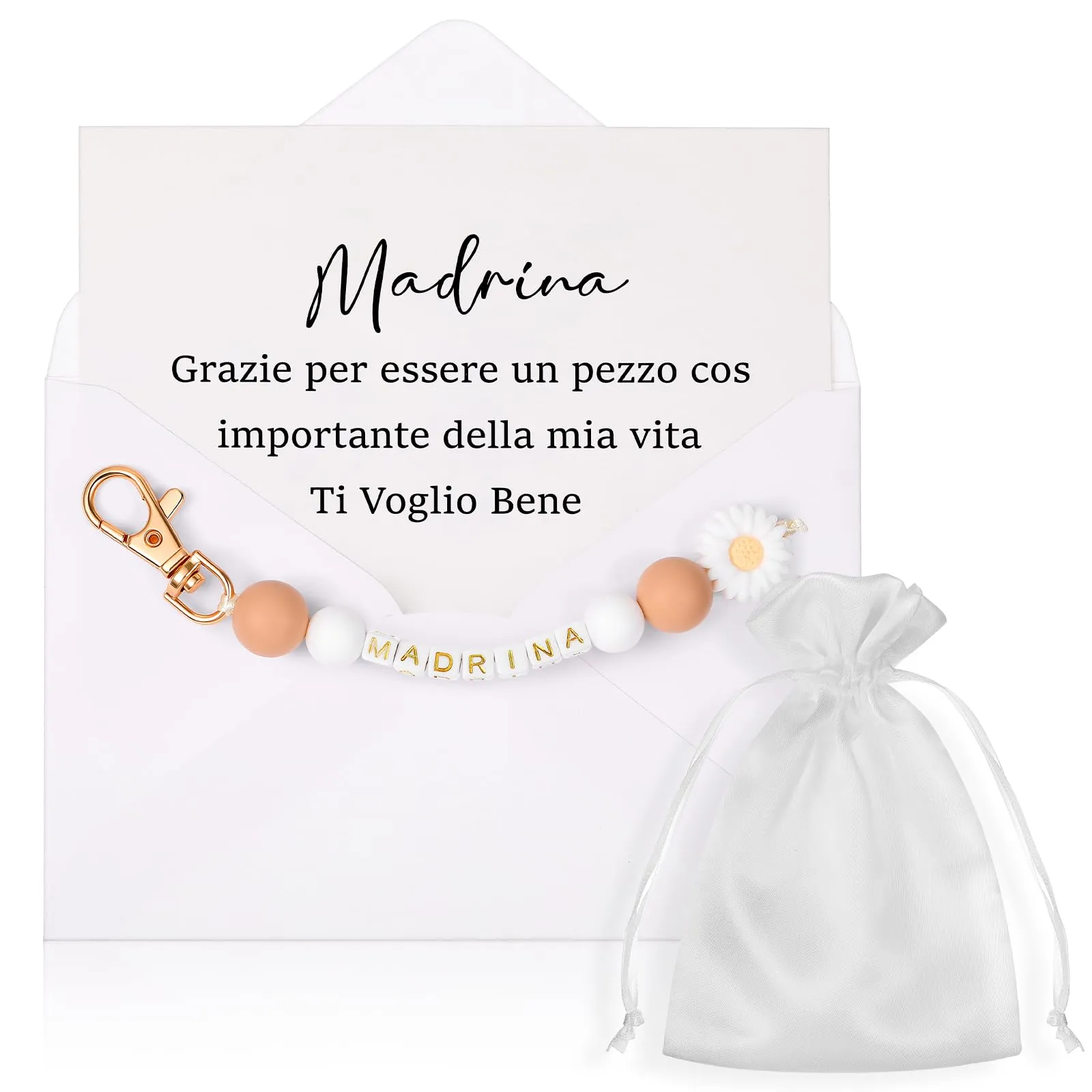 Hestya Regalo per Madrina, Padrino, Zia o Nonna - Set con Portachiavi, Scheda di Annuncio e Busta per Battesimo, Compleanno e Natale - immagine 1