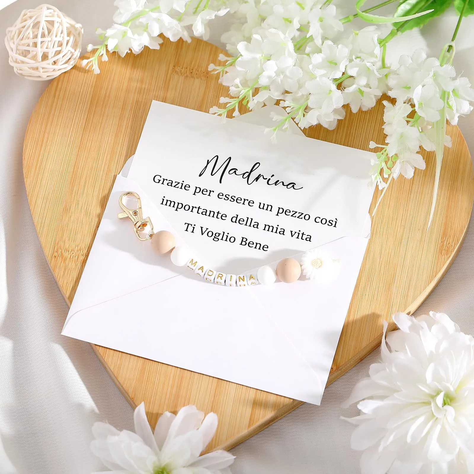 Hestya Regalo per Madrina, Padrino, Zia o Nonna - Set con Portachiavi, Scheda di Annuncio e Busta per Battesimo, Compleanno e Natale - immagine 3