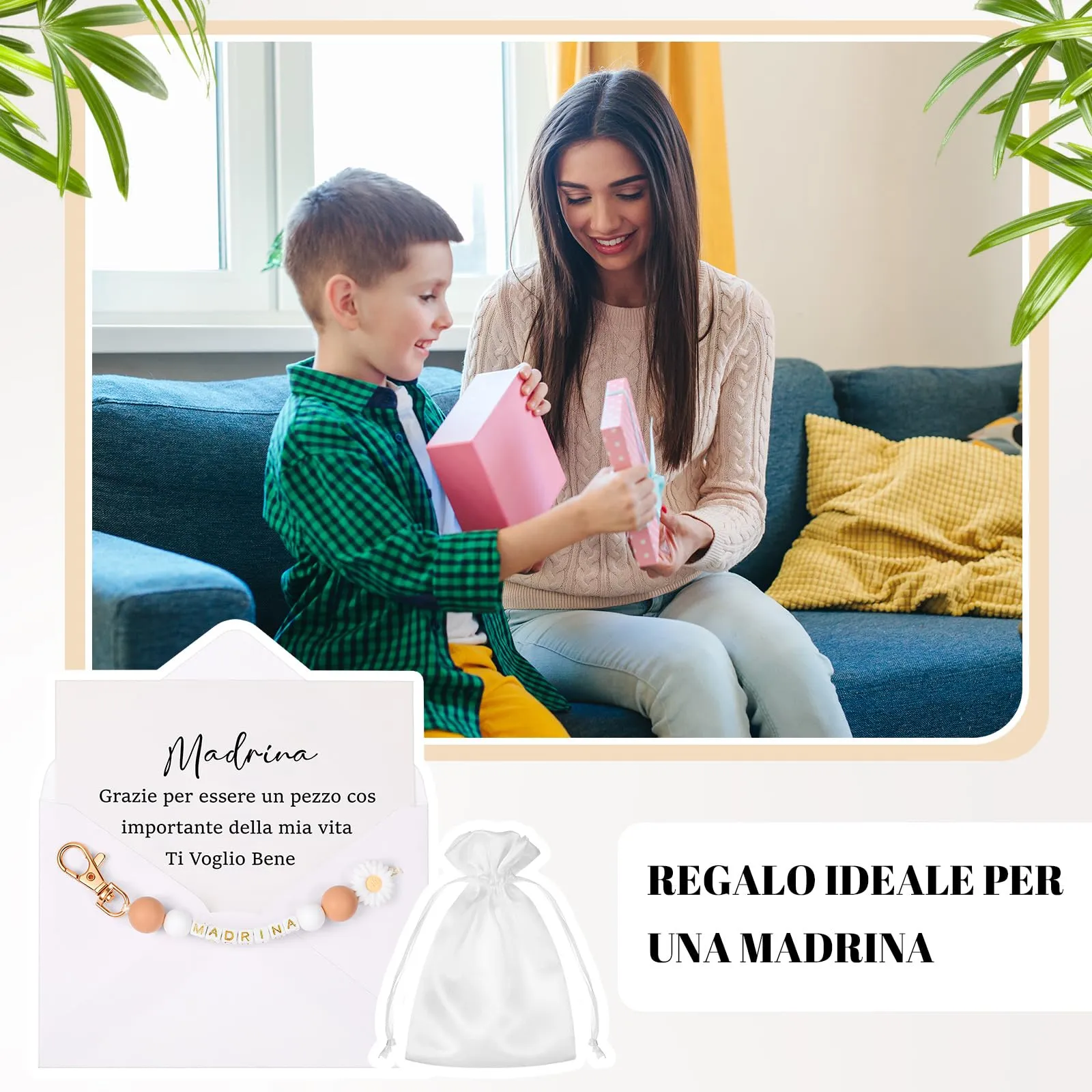 Hestya Regalo per Madrina, Padrino, Zia o Nonna - Set con Portachiavi, Scheda di Annuncio e Busta per Battesimo, Compleanno e Natale - immagine 6