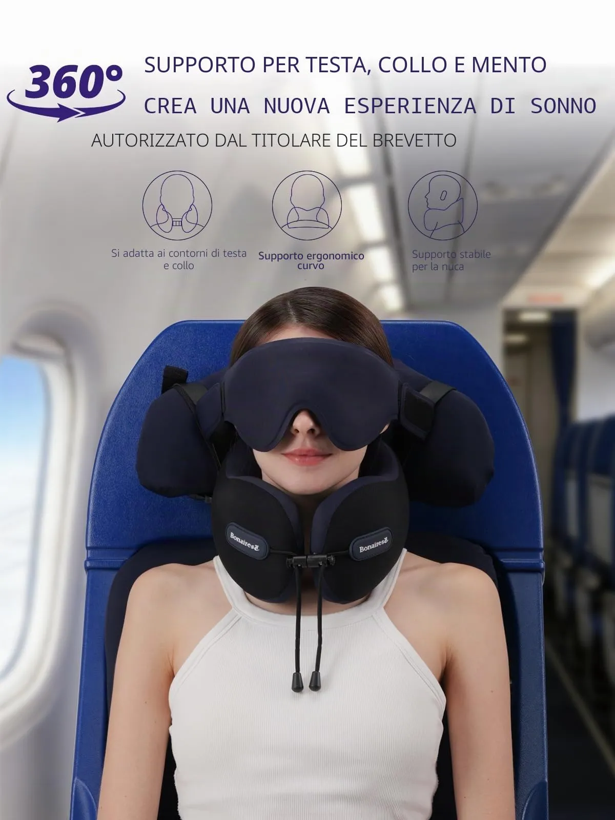 Bonairest Cuscino da Viaggio per Aereo con Mascherina e Fascia di Supporto BAK003 - immagine 2