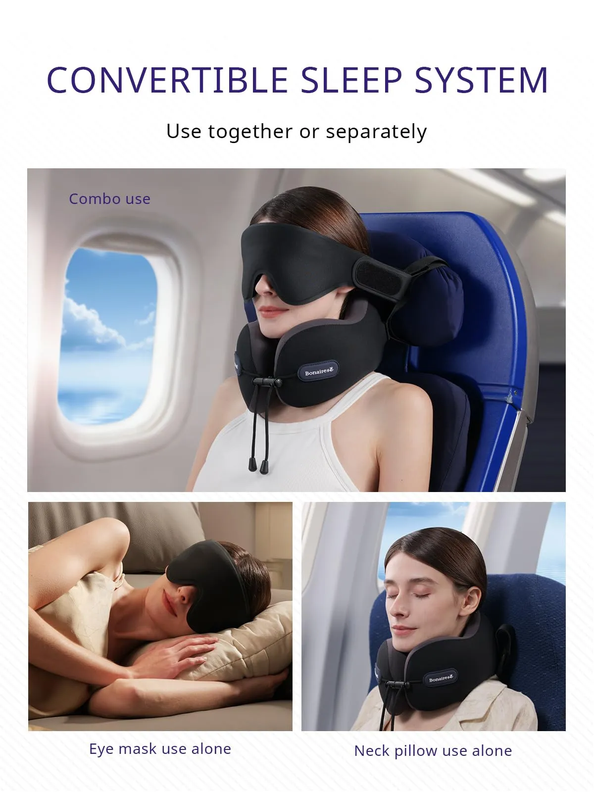 Bonairest Cuscino da Viaggio per Aereo con Mascherina e Fascia di Supporto - immagine 5