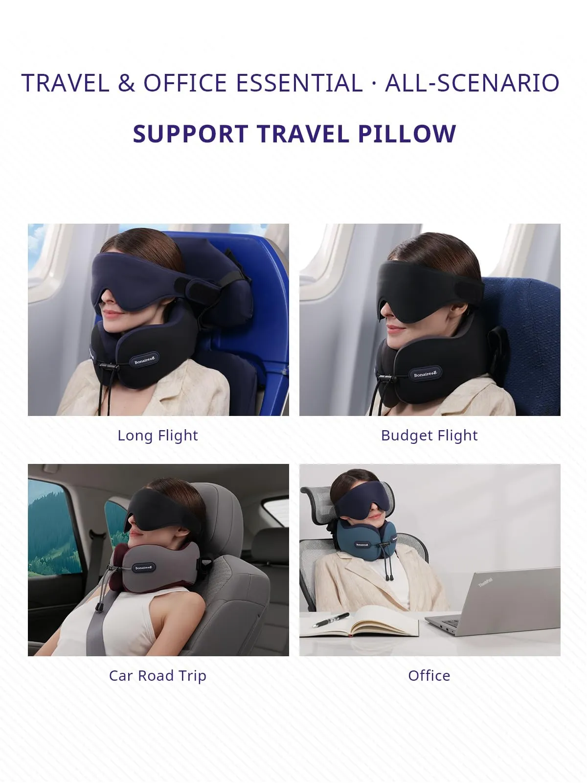 Bonairest Cuscino da Viaggio per Aereo con Mascherina e Fascia di Supporto - immagine 6