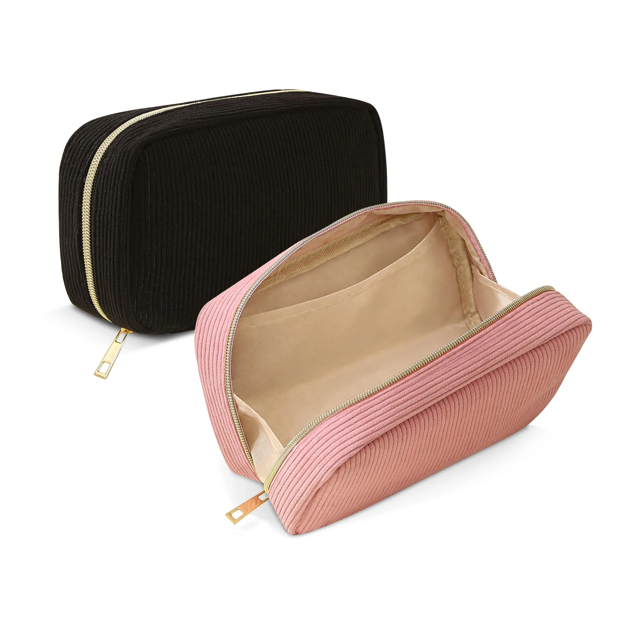 NANDADEVI Pochette per Cosmetici in Velluto a Coste con Cerniera in Metallo, Organizer da Viaggio e Astuccio per Cancelleria (Nero+Rosa, 2pcs) - immagine 1