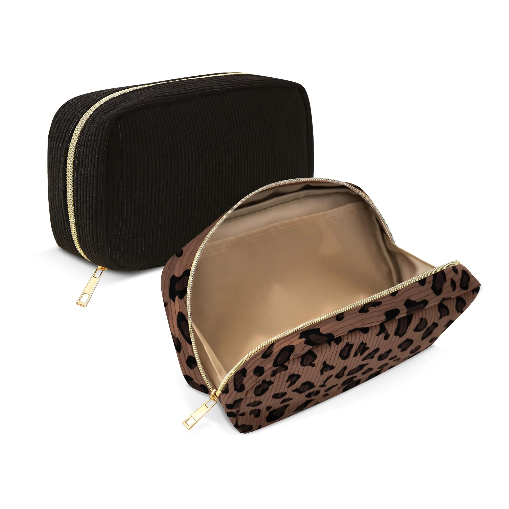 NANDADEVI Pochette per Cosmetici in Velluto a Coste con Cerniera in Metallo, Nero e Leopardo Marrone, 2 pz - immagine 1