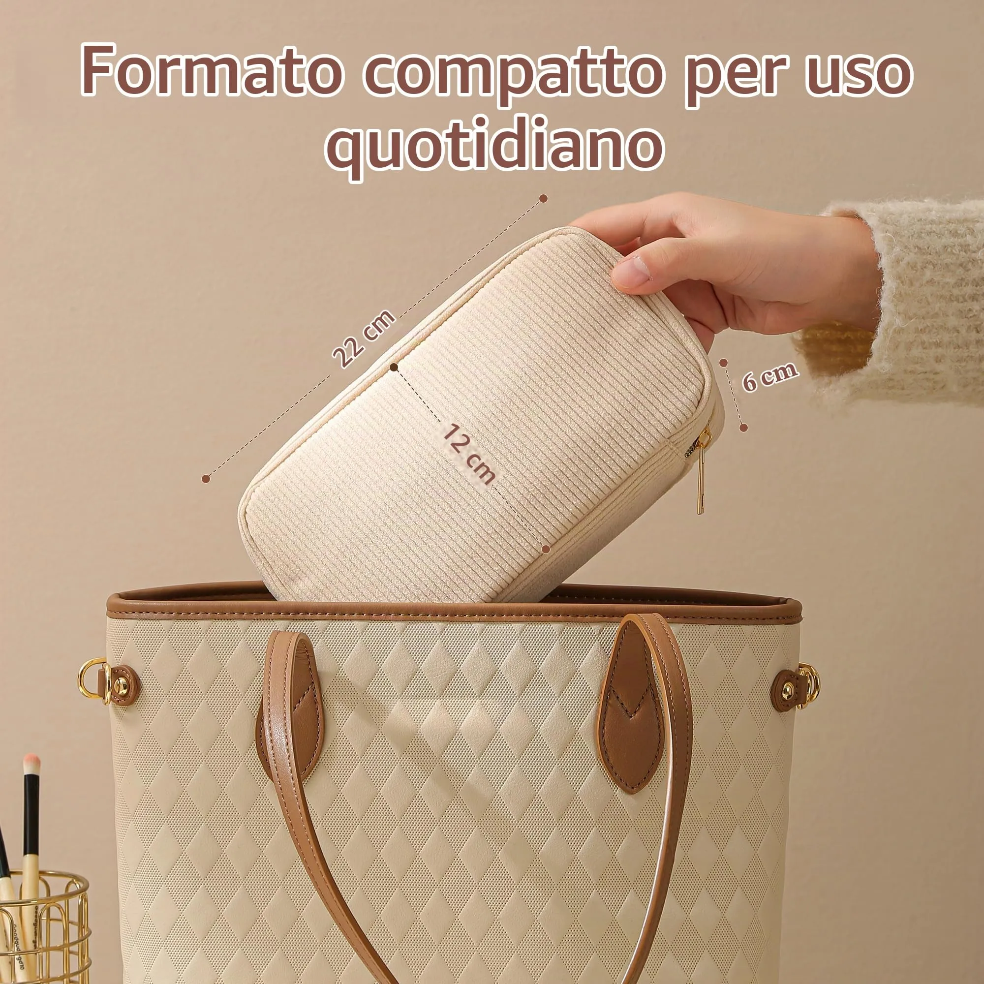 NANDADEVI Pochette per Cosmetici in Velluto a Coste con Cerniera in Metallo, Nero e Leopardo Marrone, 2 pz - immagine 3