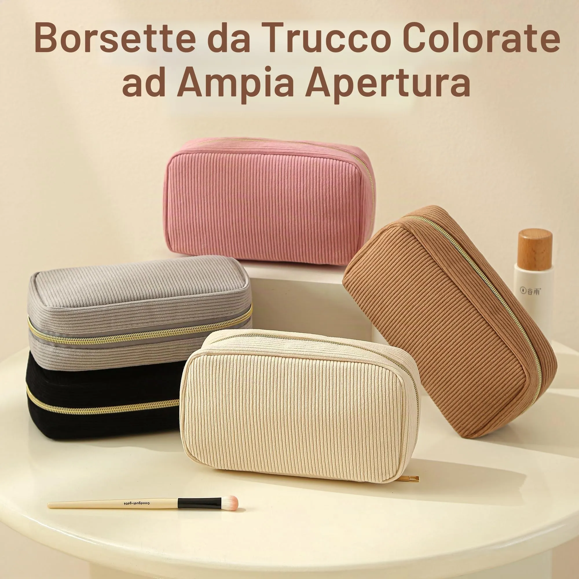NANDADEVI Pochette per Cosmetici in Velluto a Coste con Cerniera in Metallo, Nero e Leopardo Marrone, 2 pz - immagine 7