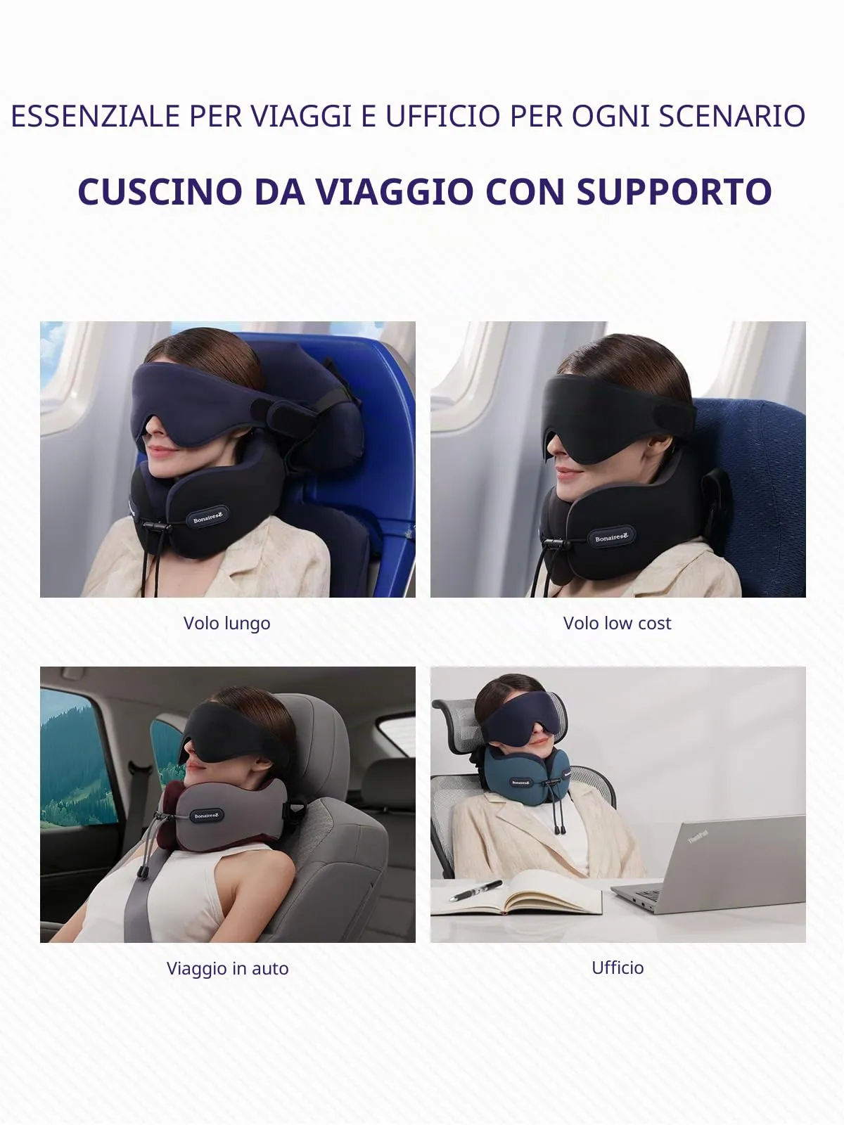 Bonairest Cuscino da Viaggio per Aereo con Mascherina e Fascia di Supporto - immagine 6