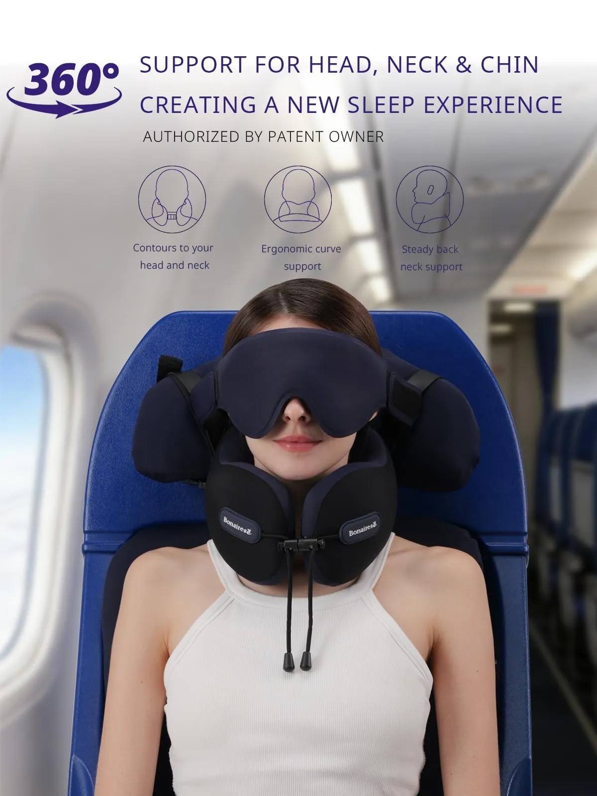 Bonairest Cuscino da Viaggio per Aereo con Mascherina e Fascia di Supporto - immagine 2