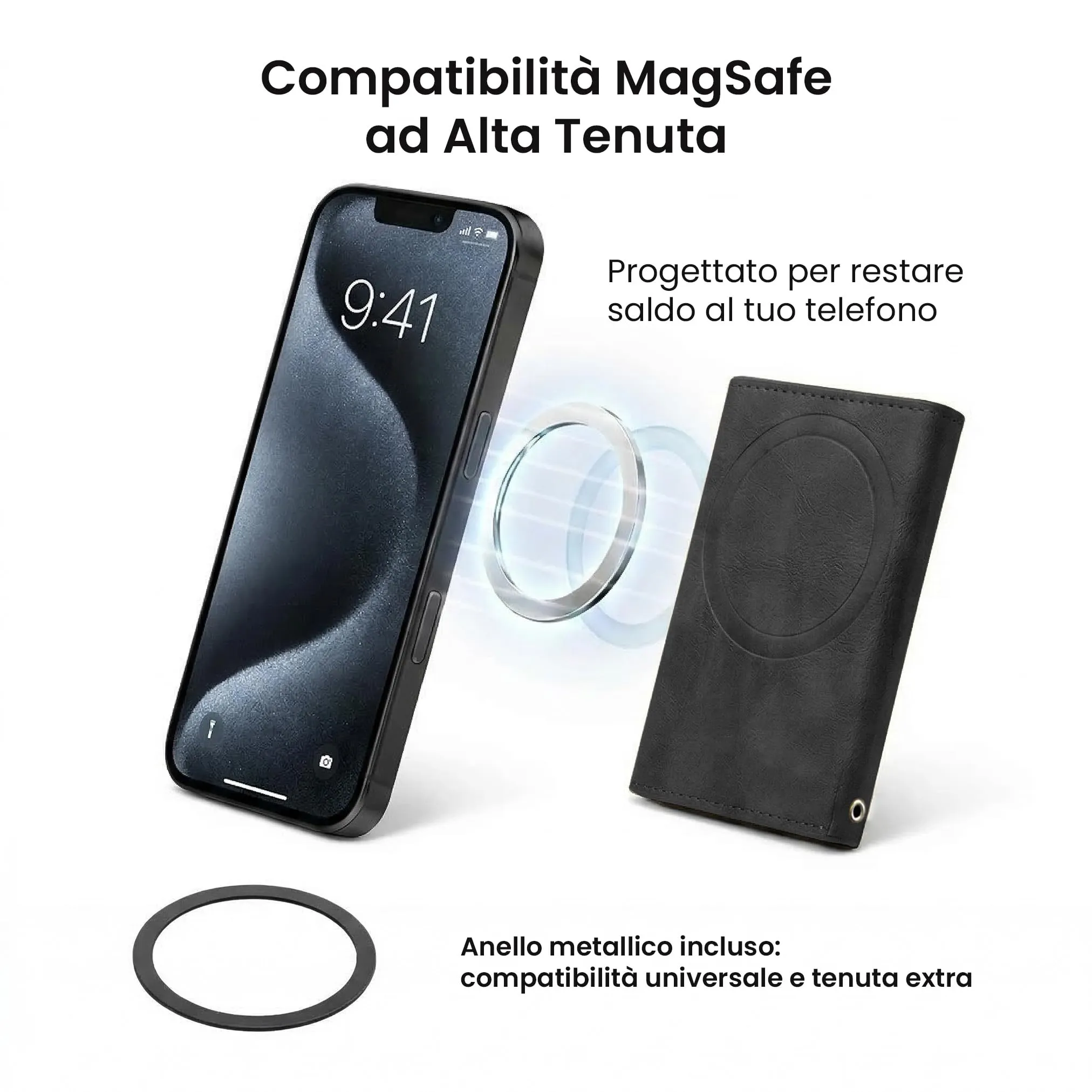 TECHMADE Portafoglio MagSafe con Adattatore Magnetico, Tripla Tasca per 6 Carte e Banconote, Blocco RFID, Nero - immagine 3