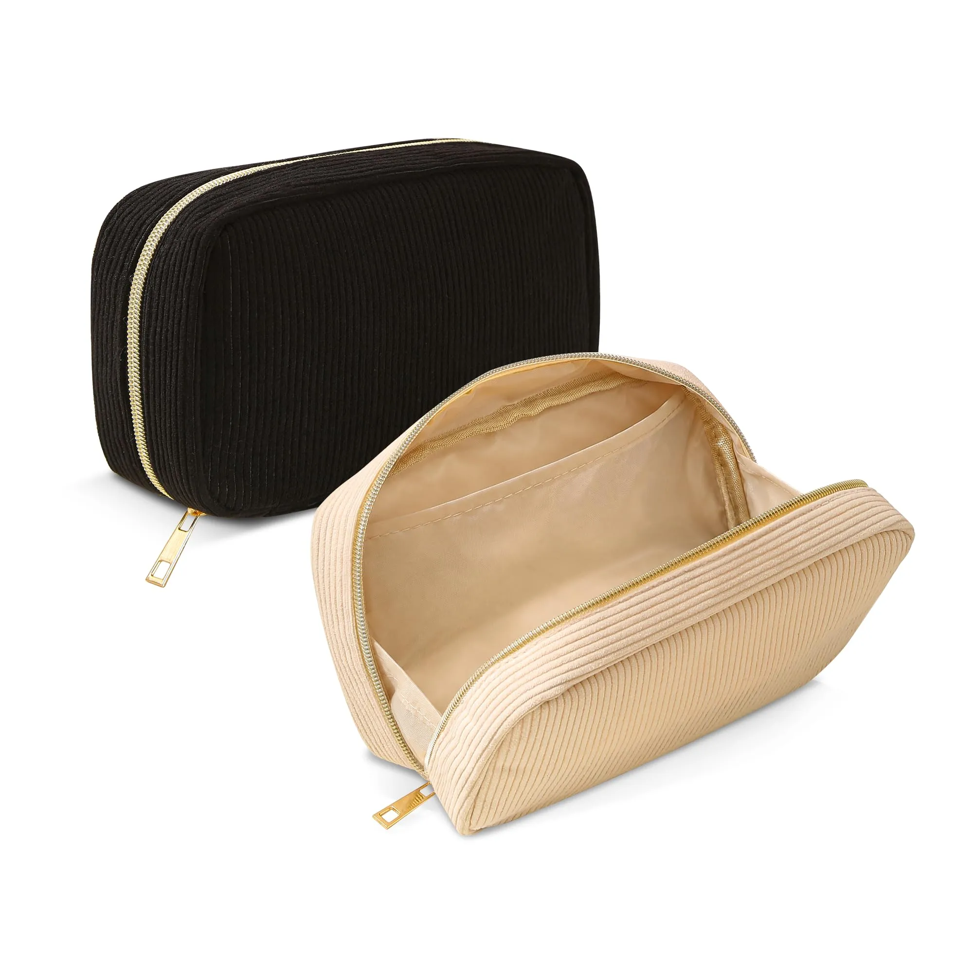 NANDADEVI Pochette in velluto a coste con cerniera in metallo, organizer da viaggio per cosmetici e cancelleria (Nero+Bianco sporco, 2pcs) - immagine 1