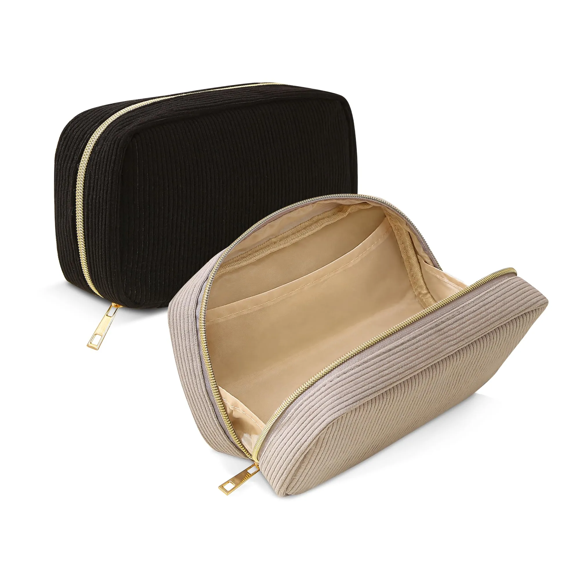 NANDADEVI Pochette per cosmetici in velluto a coste con cerniera in metallo, Nero+Grigio, 2pcs - immagine 1