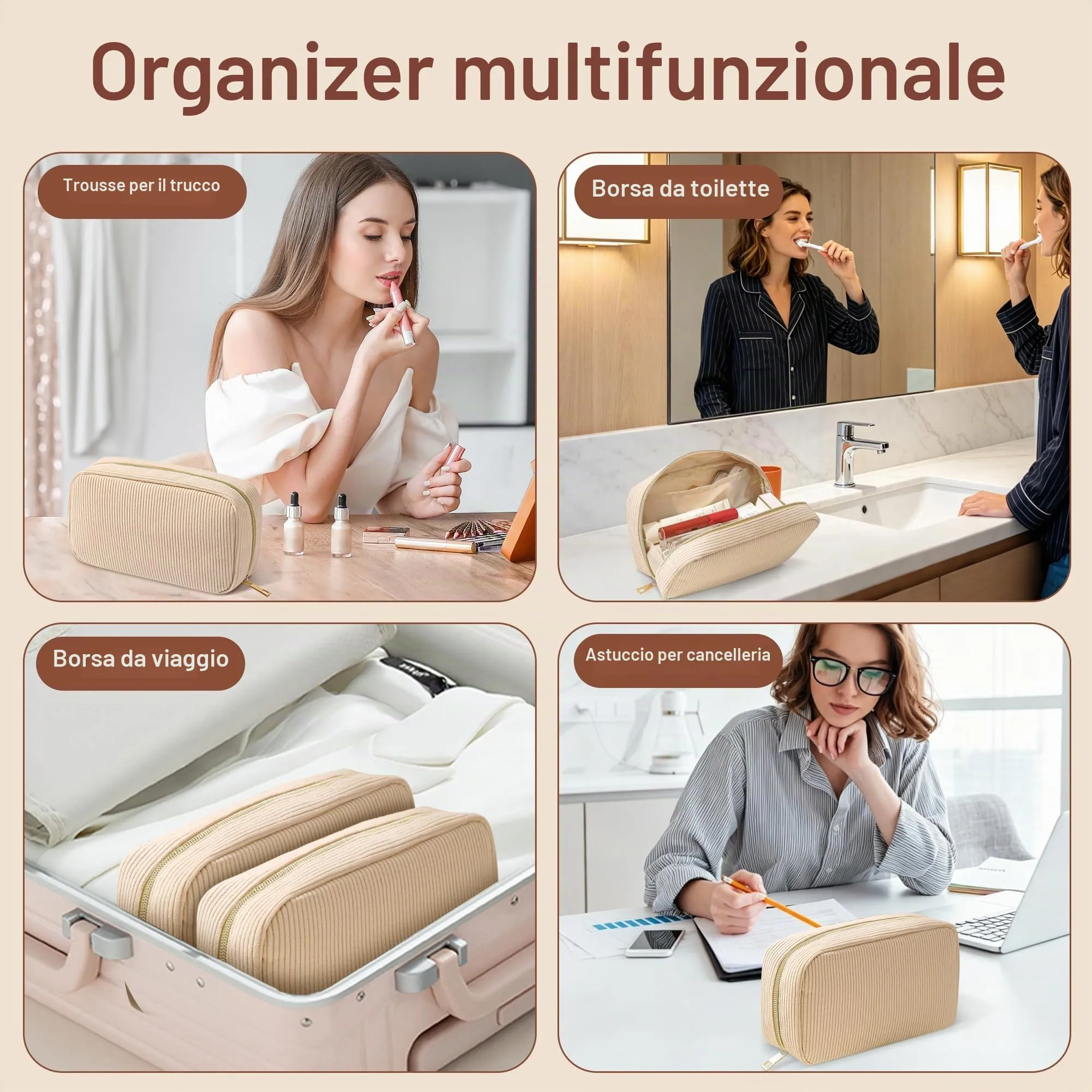 NANDADEVI Pochette per cosmetici in velluto a coste con cerniera in metallo, Nero+Grigio, 2pcs - immagine 4