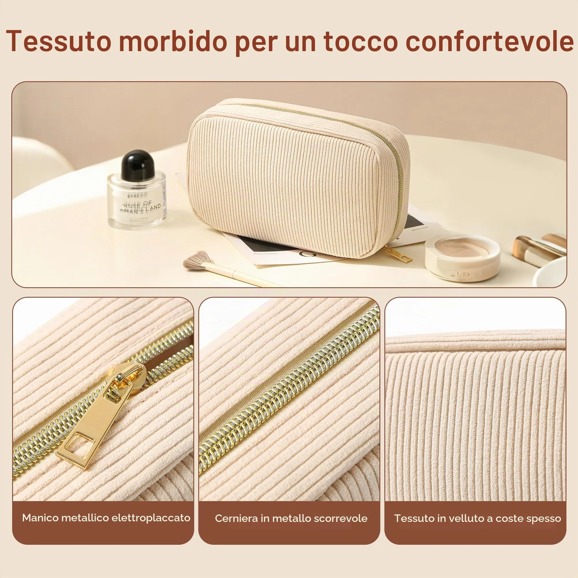 NANDADEVI Pochette per cosmetici in velluto a coste con cerniera in metallo, Nero+Grigio, 2pcs - immagine 5