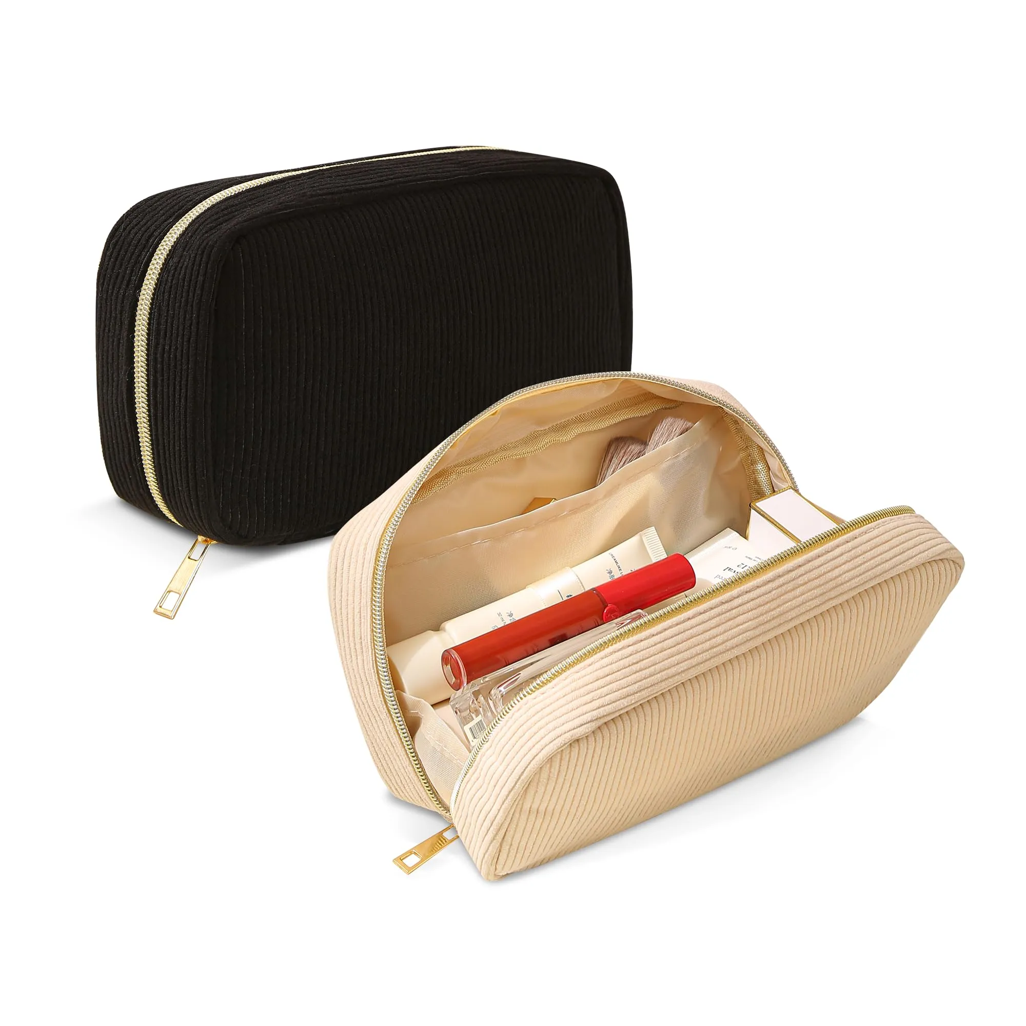 NANDADEVI Pochette in velluto a coste con cerniera in metallo, organizer per cosmetici e cancelleria (Nero+Fiore Rosso Bianco Sporco, 2pcs) - immagine 1