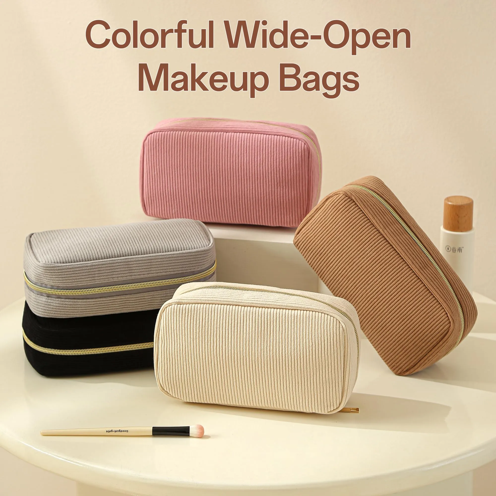 NANDADEVI Pochette per cosmetici in velluto a coste con cerniera in metallo, organizer da viaggio e trousse (Nero+Mucca, 2pcs) - immagine 7