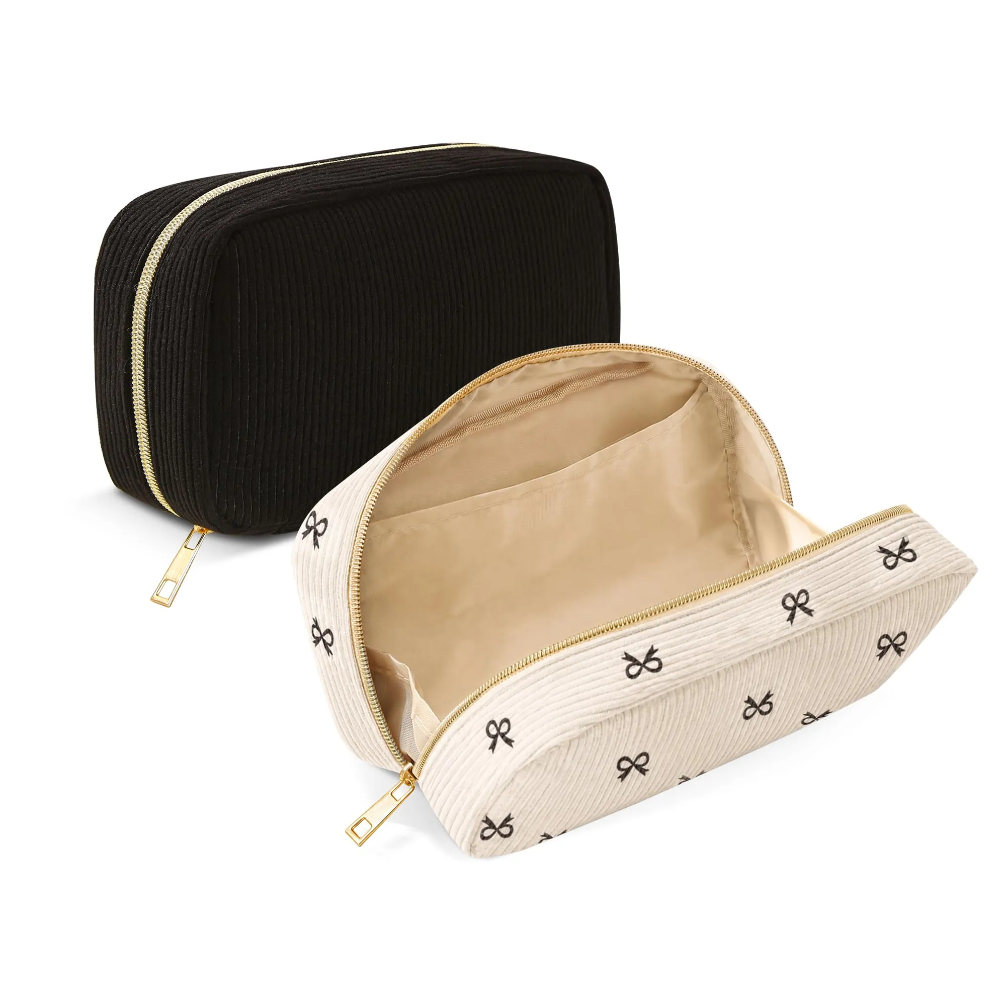 NANDADEVI Pochette in velluto a coste con cerniera in metallo, organizer da viaggio e trousse (Nero + Farfalla bianco sporco, 2pcs) - immagine 1