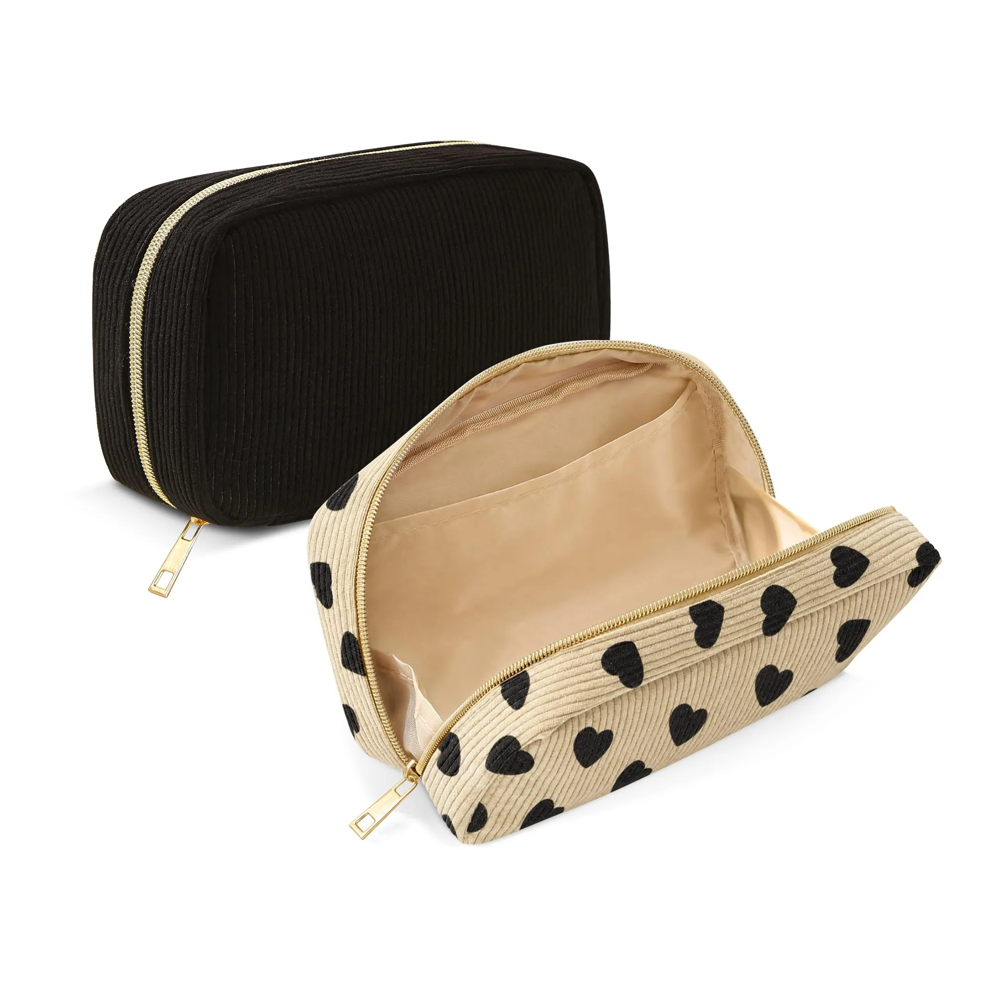 NANDADEVI Pochette per cosmetici in velluto a coste con cerniera in metallo, organizer da viaggio e trousse (Nero+Cuore marrone, 2pcs) - immagine 1