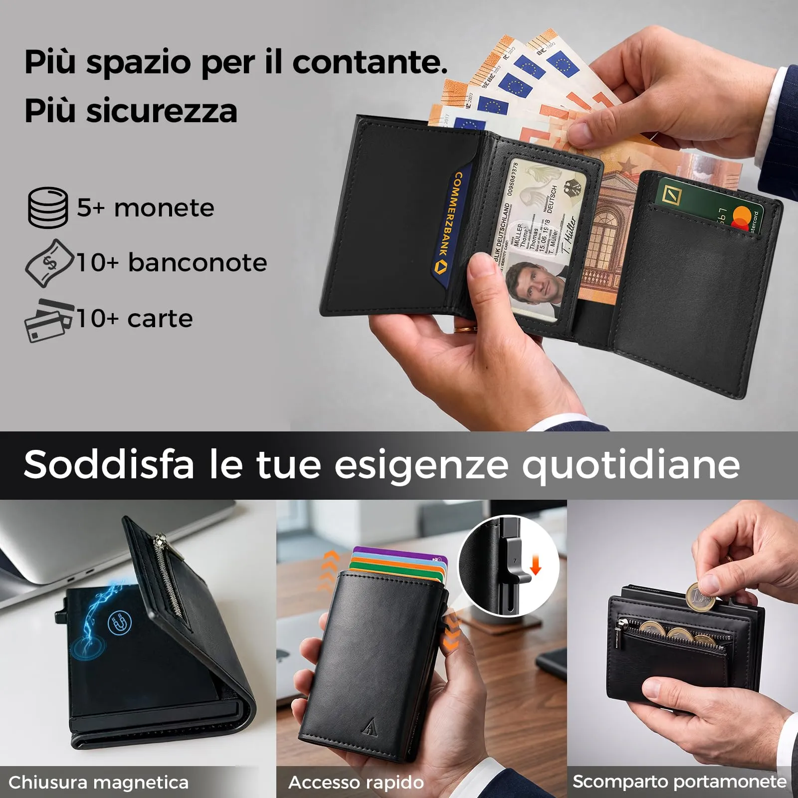 Autreykorn Portafoglio Uomo Slim RFID Porta Carte, Nero - immagine 3
