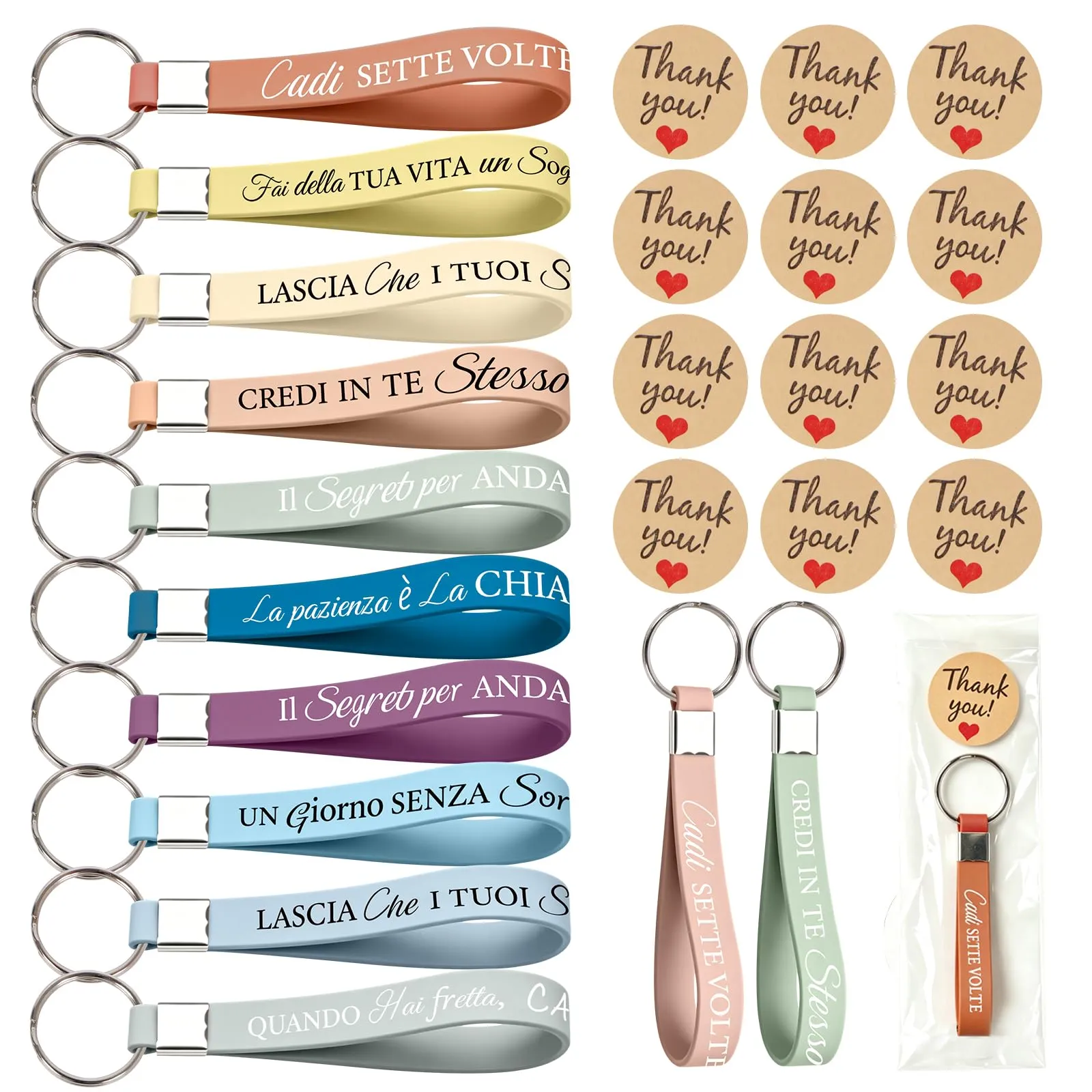 KufaerBeam 12 Pezzi Portachiavi Motivazionali in Silicone Colorato con Testo Italiano e Adesivi di Ringraziamento - immagine 1