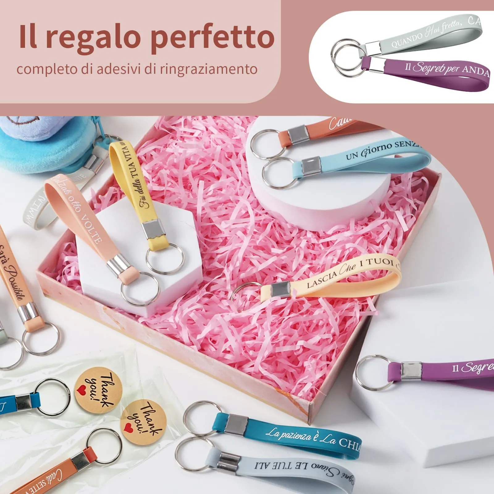 KufaerBeam 12 Pezzi Portachiavi Motivazionali in Silicone Colorato con Testo Italiano e Adesivi di Ringraziamento - immagine 3