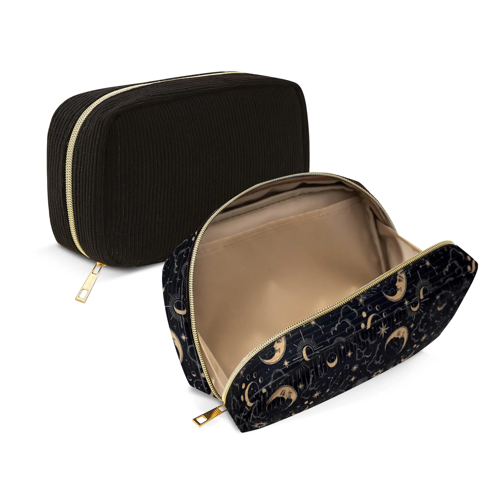 NANDADEVI Pochette in velluto a coste con cerniera in metallo, organizer da viaggio per cosmetici e cancelleria (Nero+Luna, 2pcs) - immagine 1