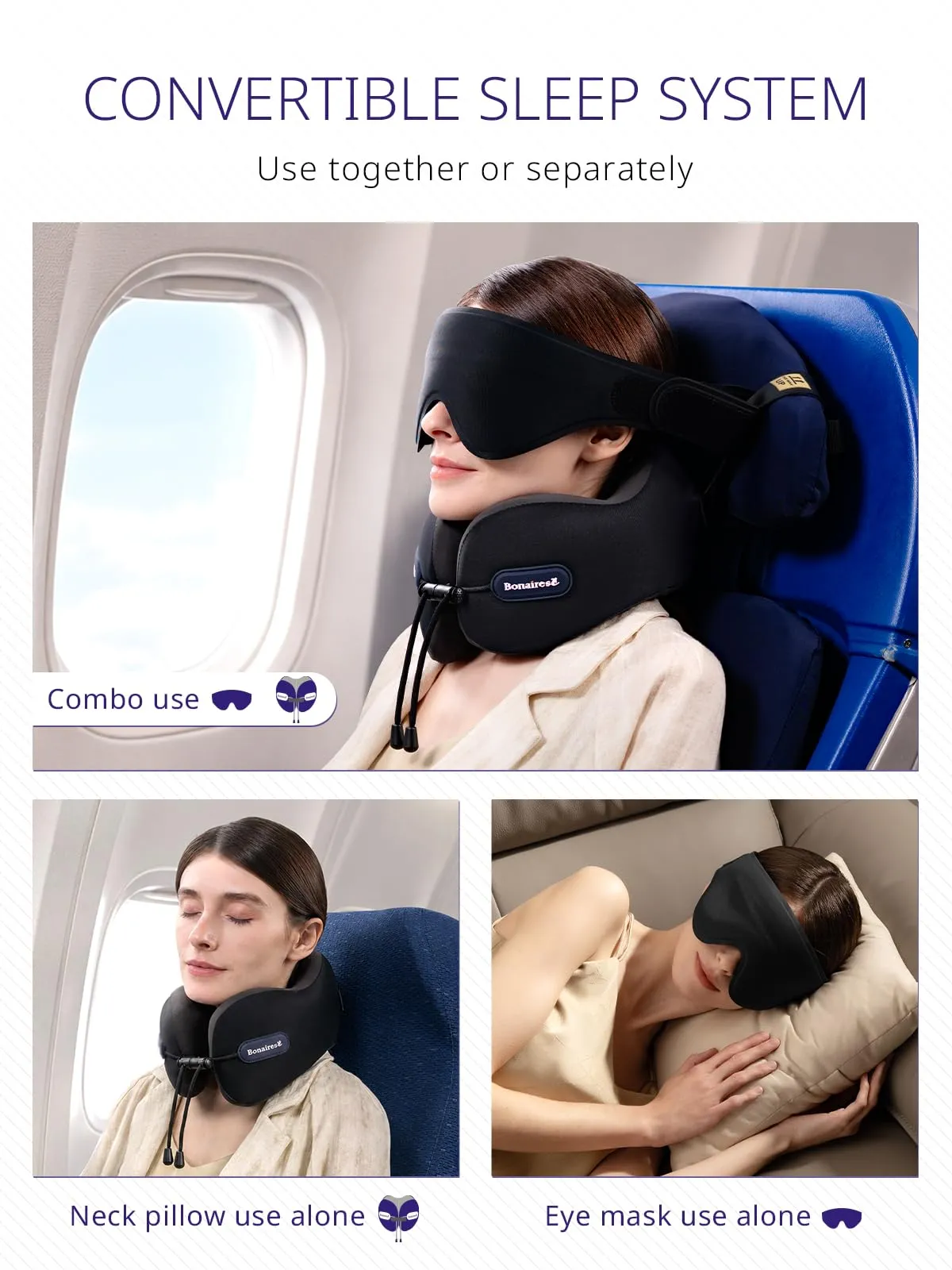 Bonairest Cuscino da Viaggio per Aereo con Mascherina e Fascia di Supporto - immagine 5