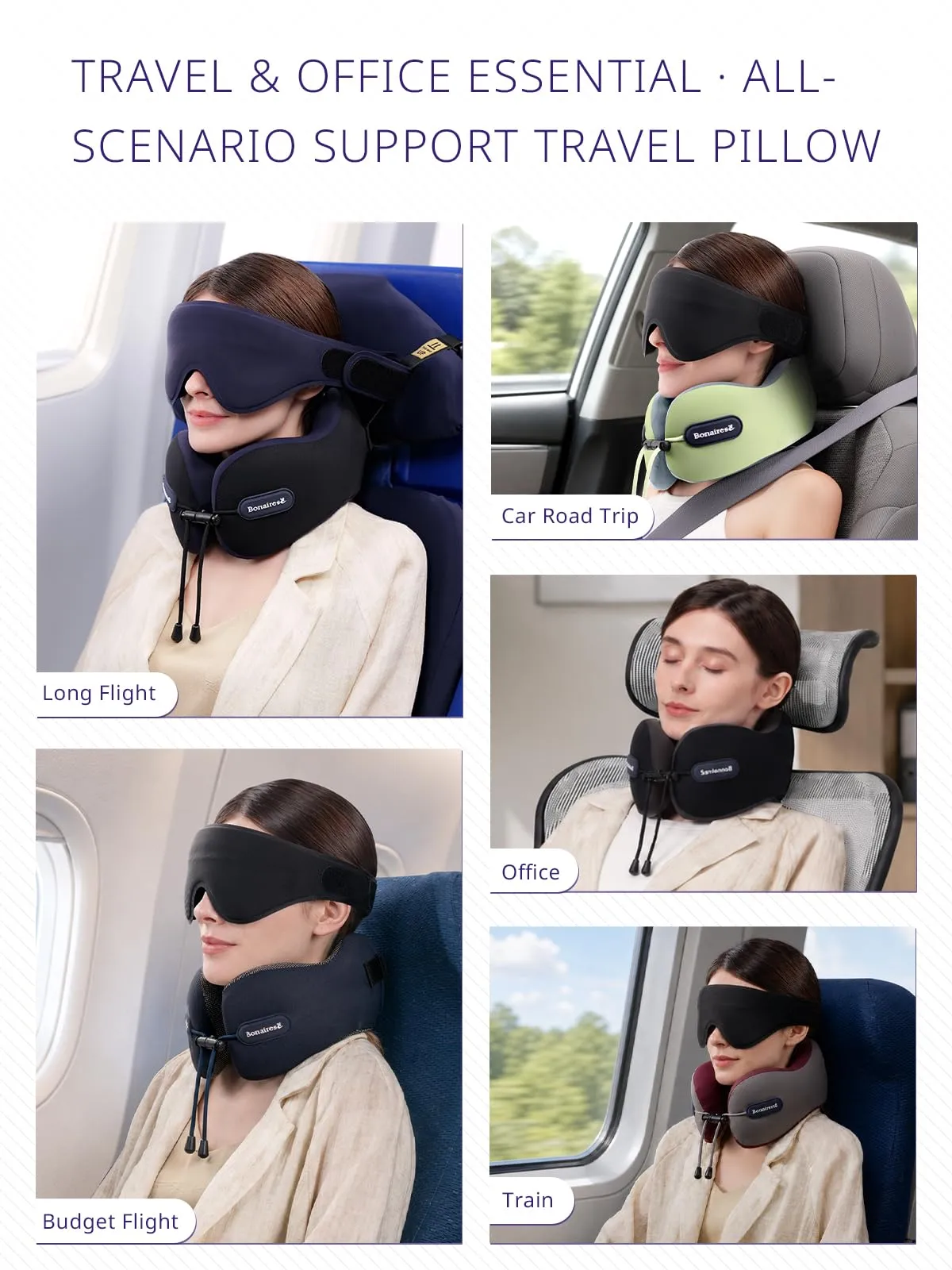Bonairest Cuscino da Viaggio per Aereo con Mascherina e Fascia di Supporto - immagine 7